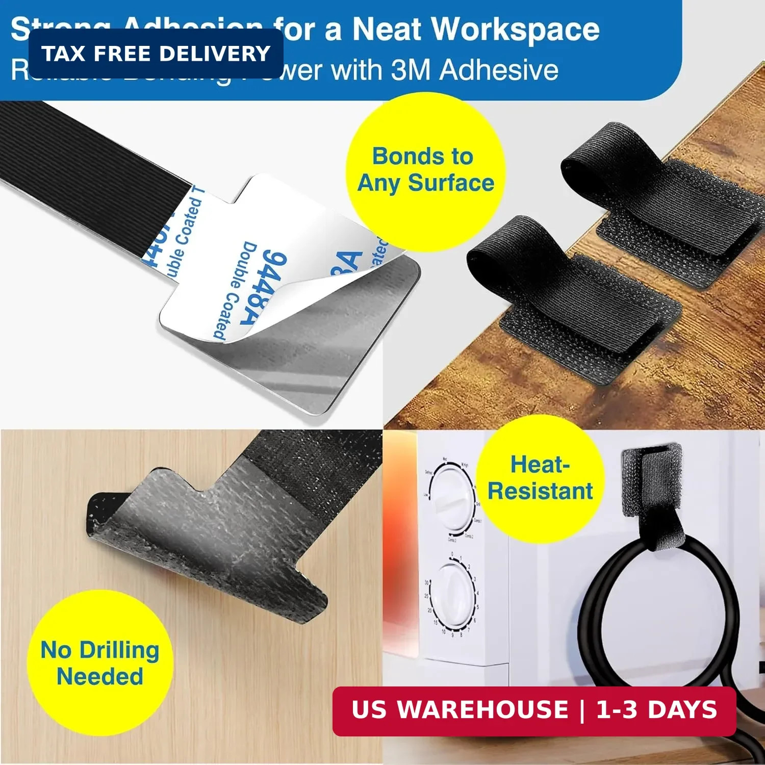 Cable Management Kit - 40 Self-Adhesive Hook & Loop Cable Ties with 2 Extension