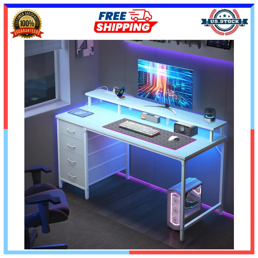 40 Inch Computer Desk with 4 Drawers LED Lights Power Outlets Monitor Shelf W...