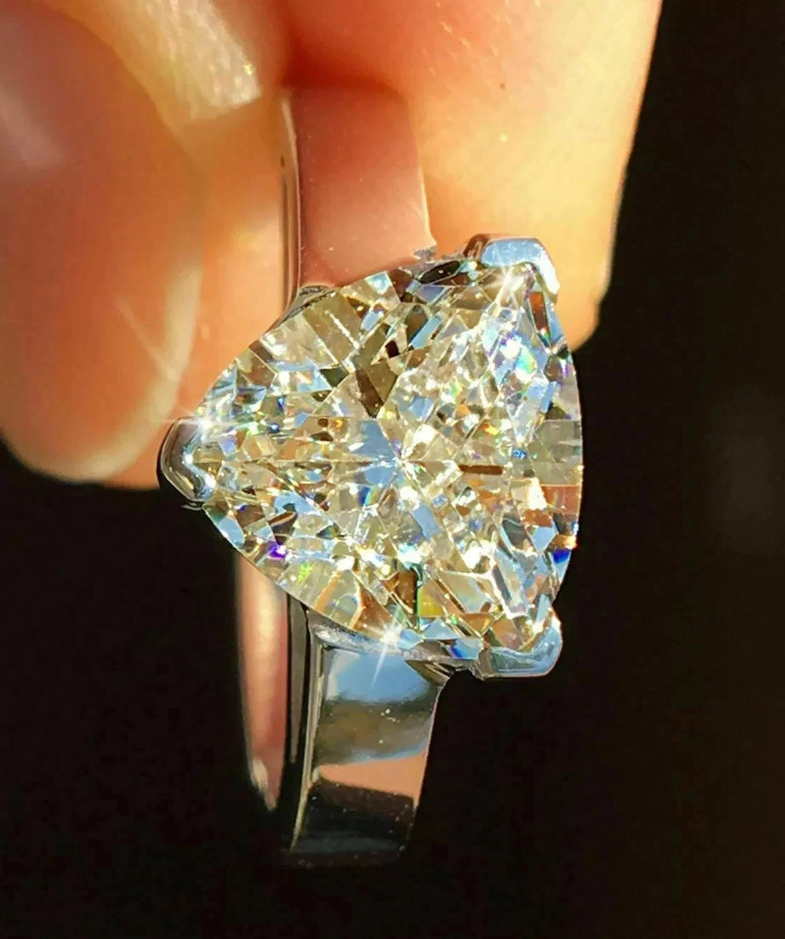 Solitair 5 Ct Trillion Cut Off White Lab Treated Diamond Ring 925 Silver Jewelry