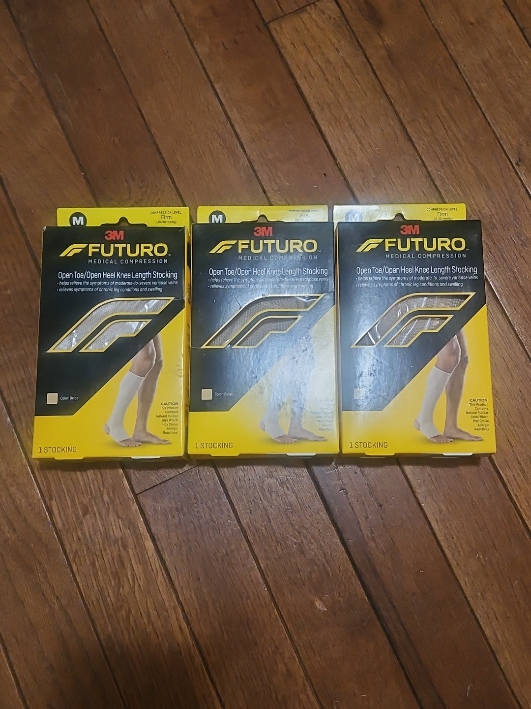3PK, 3M Futuro Compression FIRM Open Toe/Open Heel Length Stocking Medium, Beige