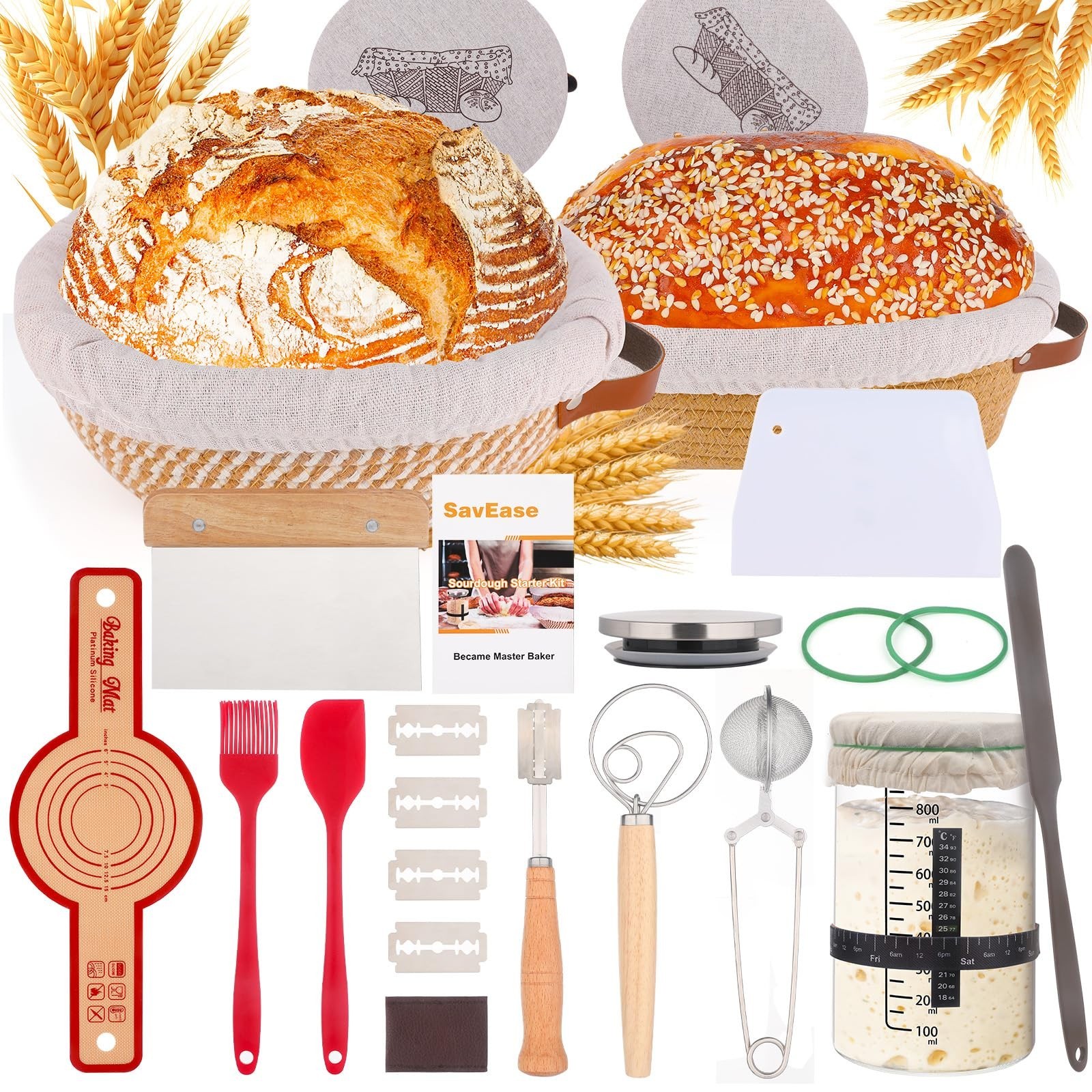 Sourdough Starter Kit - Complete Bread Baking Supplies, Proofing Baskets & Tools