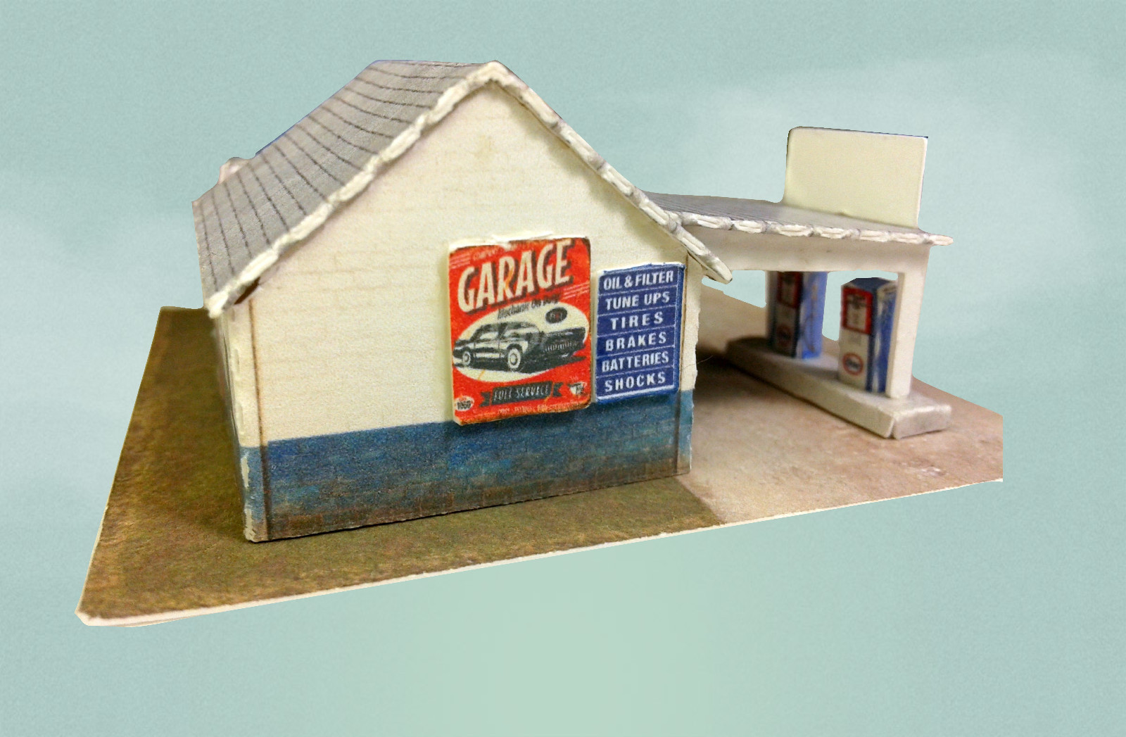 Z Scale Building - Retro Gas Station Service Station (Cover Stock Paper Kit)