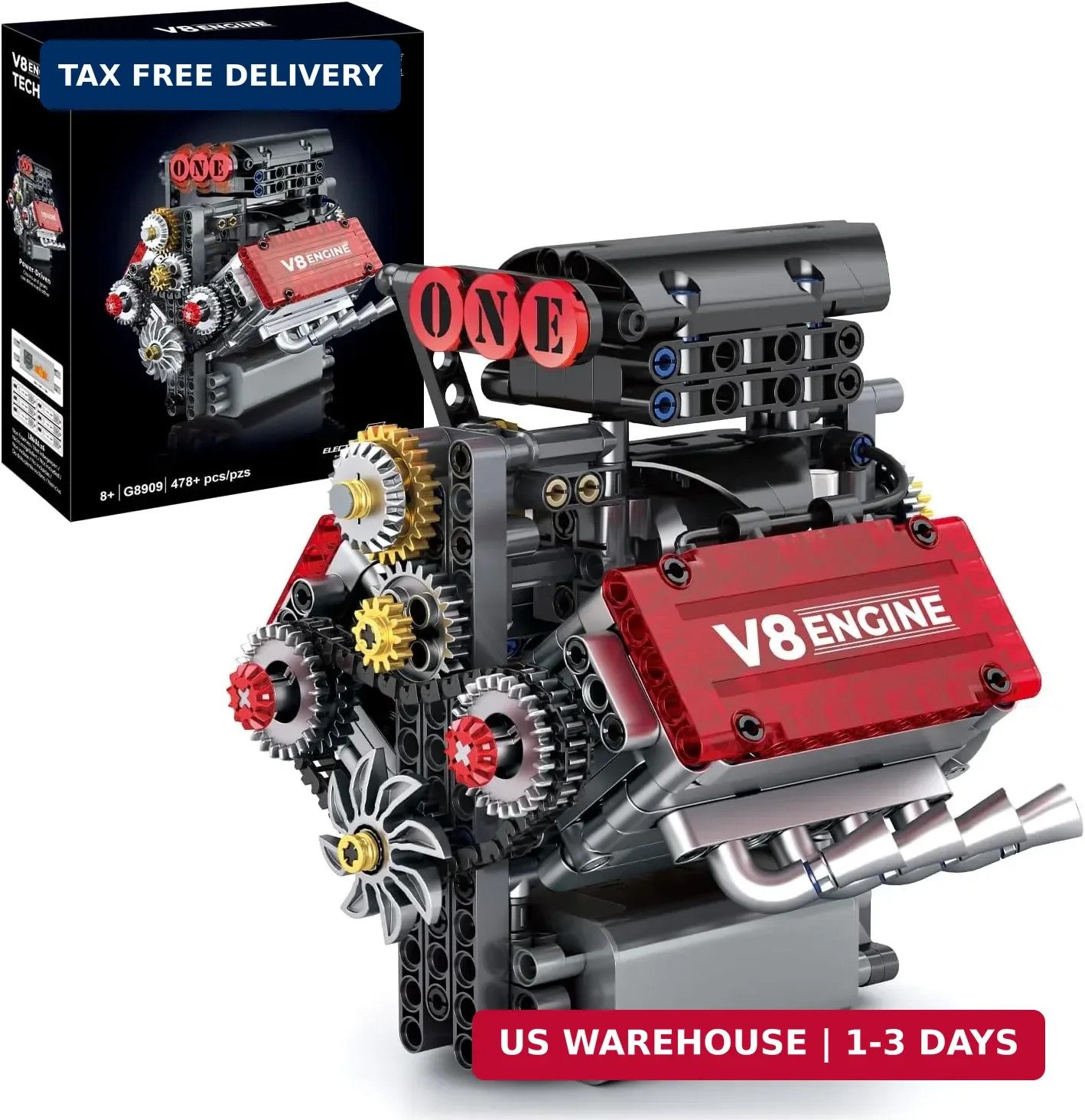 Motorized V8 Engine Building Set Model Kit That Runs with Motor & Battery 478PCS
