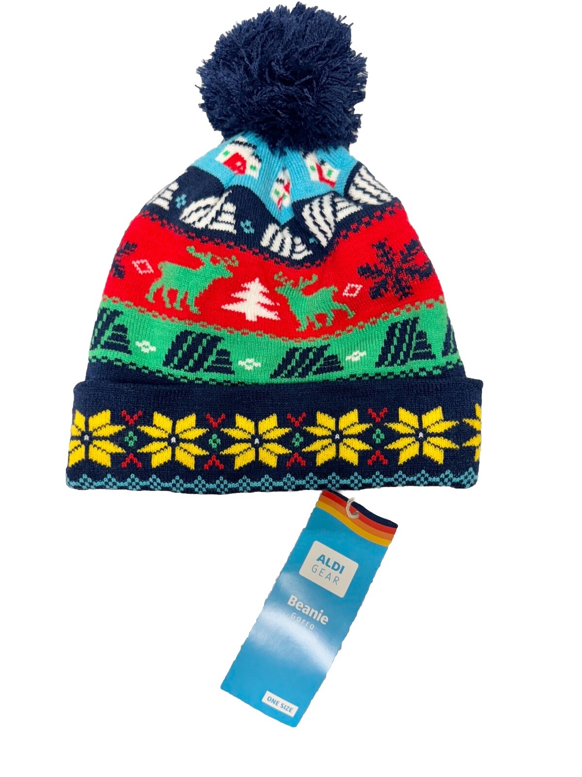 NWT ALDI Gear Knit Beanie Hat, Colorful, One Size Fits All, Knit, Pompon, Blue