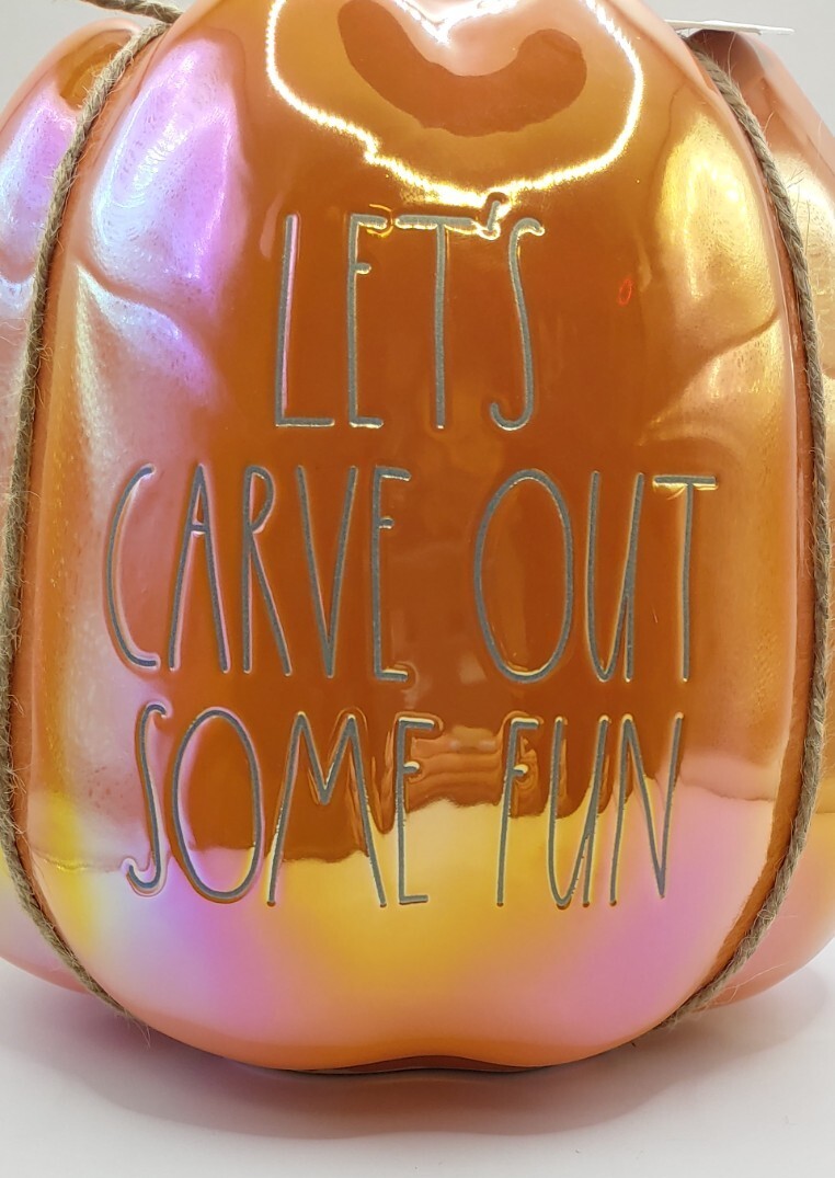 Rae Dunn ceramic orange luster "Lets Carve Out Some Fun" pumpkin planter 7 x 7