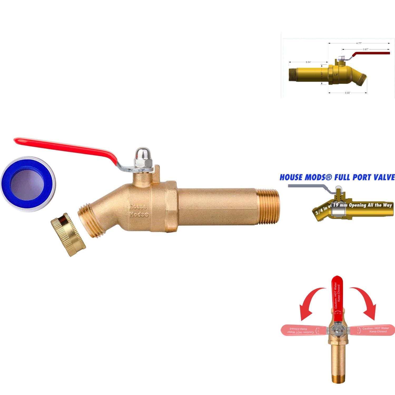 Brass Water Heater Drain Valve 3/4 Full Port Ball Valve 180 Degree Handle Garden