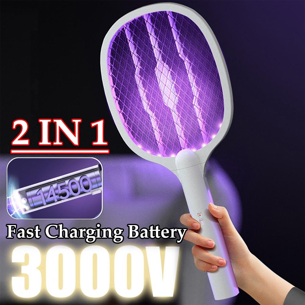Handheld Electric Fly Swatter 3000v Bug Zapper Racket USB Rechargeable Mosquito