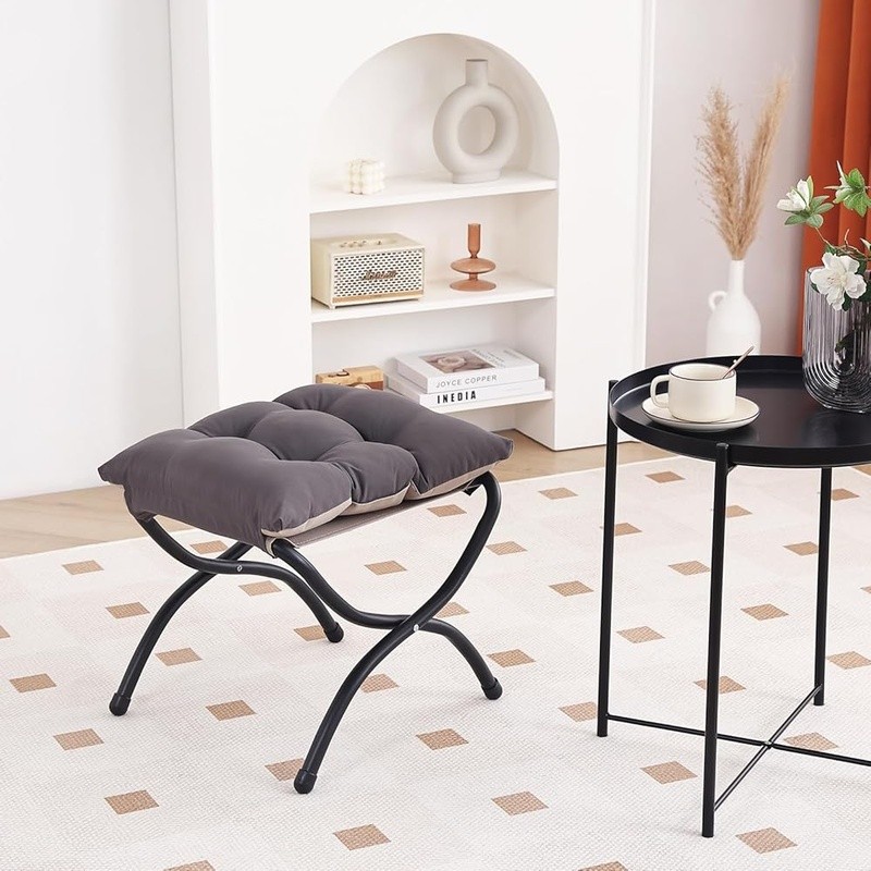 Folding Footrest Stool Portable Ottoman Thick Cushion Modern Metal Frame New