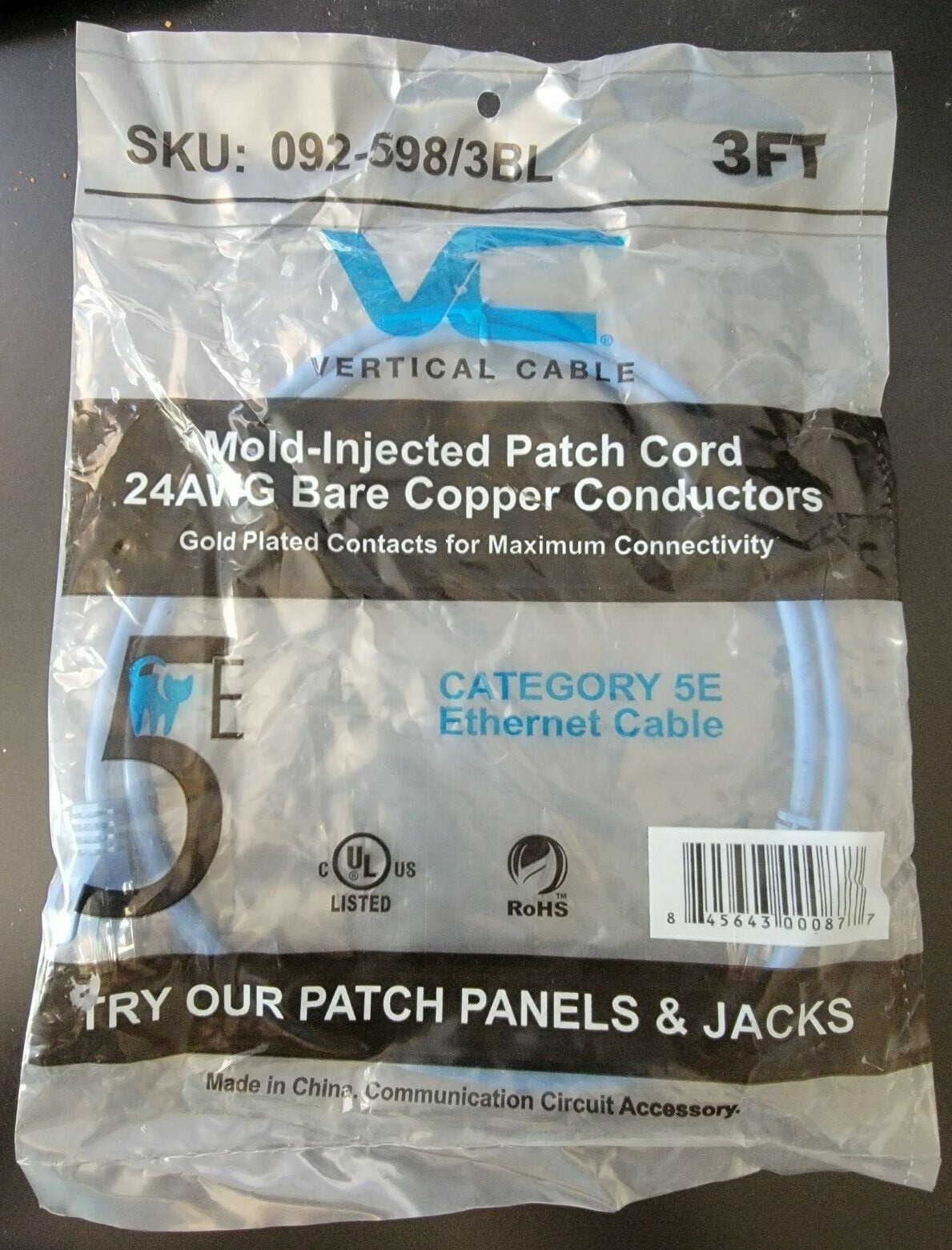 Vertical Cable 24AWG Bare Copper Conductors Ethernet Cable Cat 5E 3ft Patch Cord