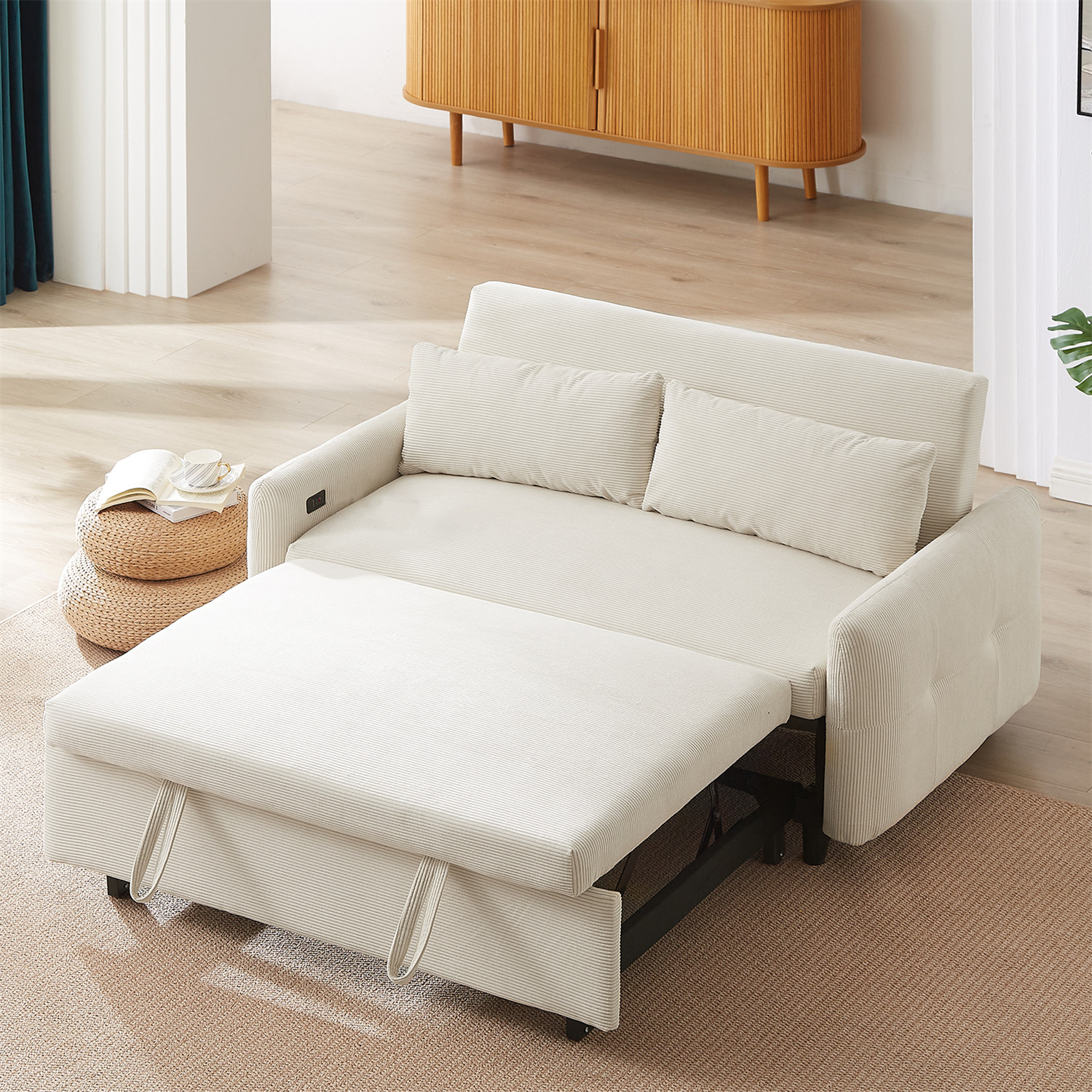 Convertible Sleeper Sofa Bed Loveseat Sofa w/ Pull Out Bed & USB Ports