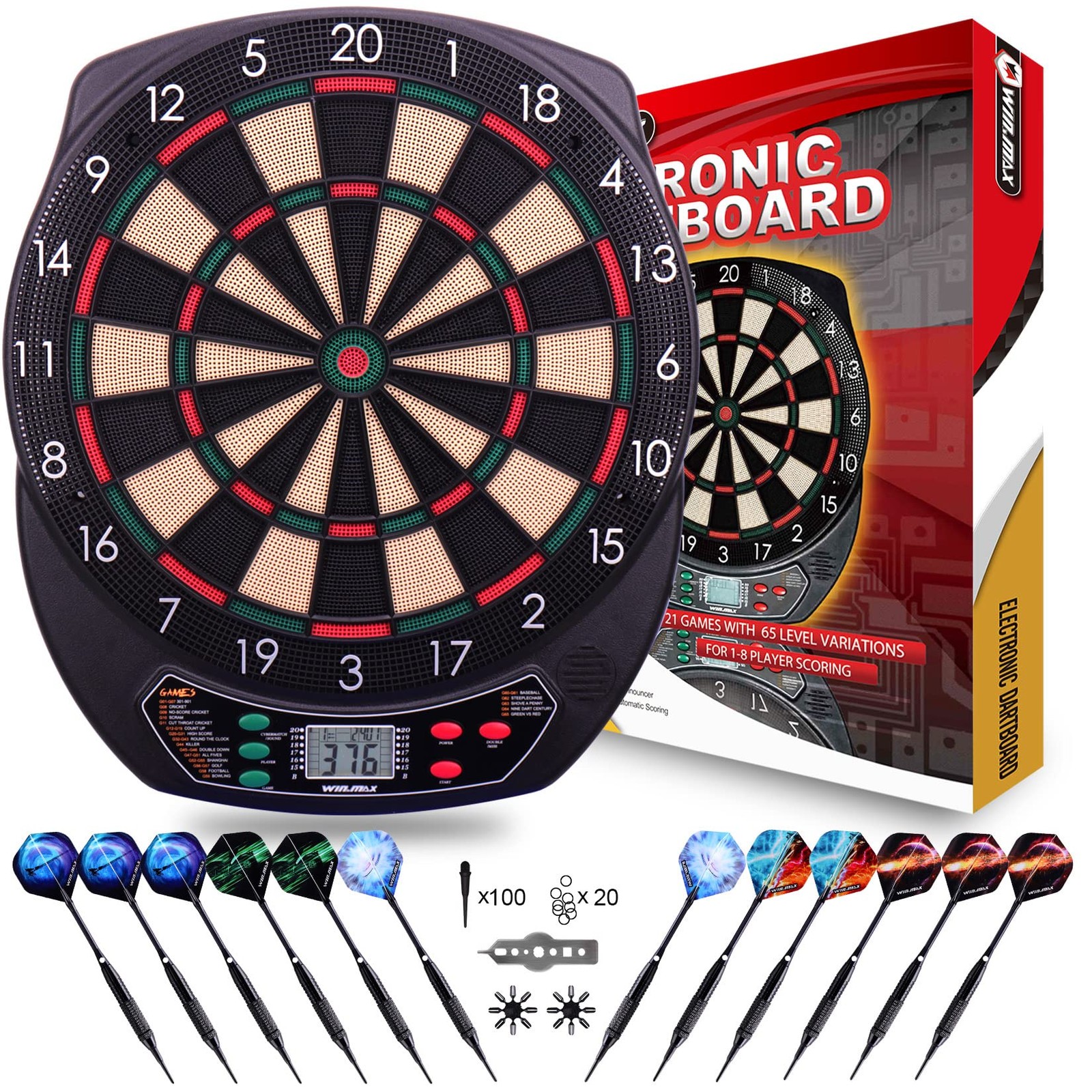 WIN.MAX Electronic Dart Board Soft Tip Dartboard12 Darts 100 Tips black