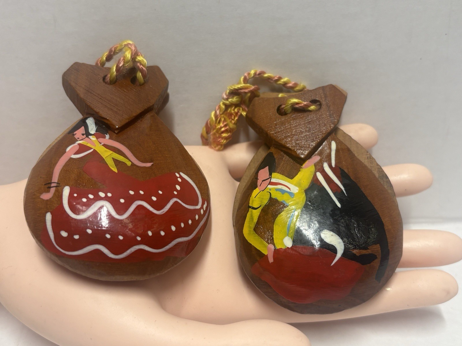 Vintage Castanets  Wooden Percussion rustic Set of  2 Spanish Castanuelas