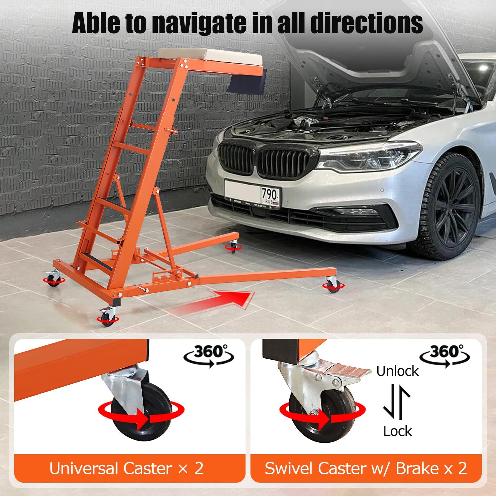 400 lbs Capacity Adjustable Automotive Engine Creeper Thick Padded Deck Foldable