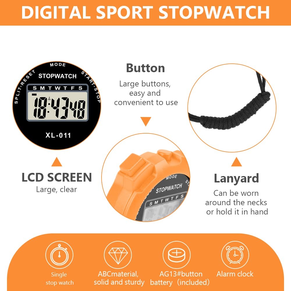 Large Display Stopwatch Digital Sport Timer with Single Lap Split, 12/24 Hour