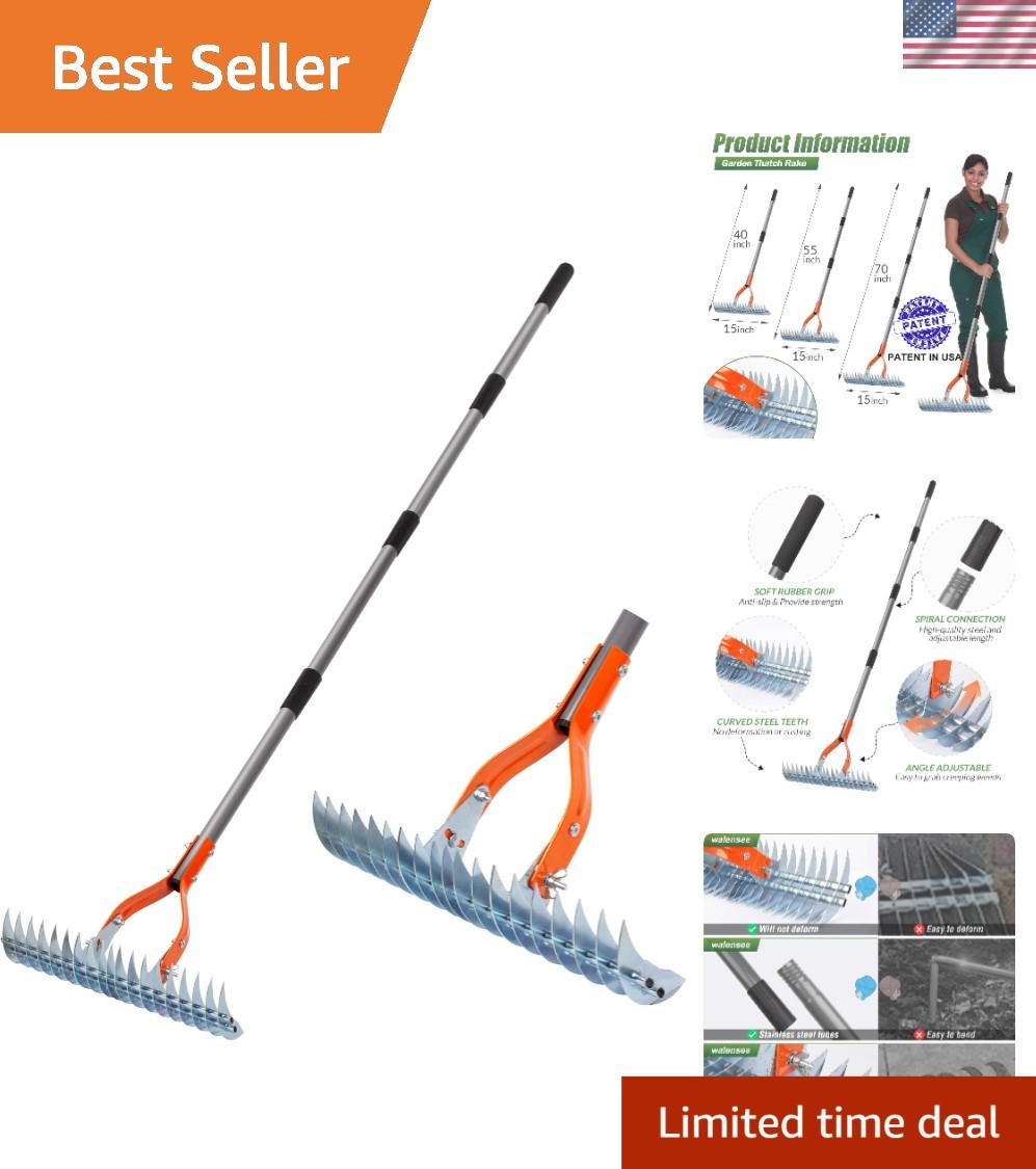 Durable 15-Inch Thatch Rake - Stainless Steel Garden Tool for Lawn Care