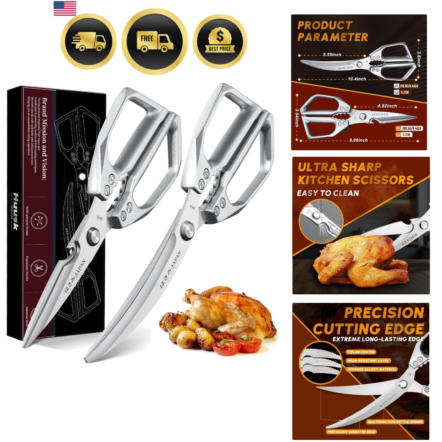 Kitchen Scissors Set Silver - Stainless Steel Kitchen Shear, Sharp Meat Sciss...