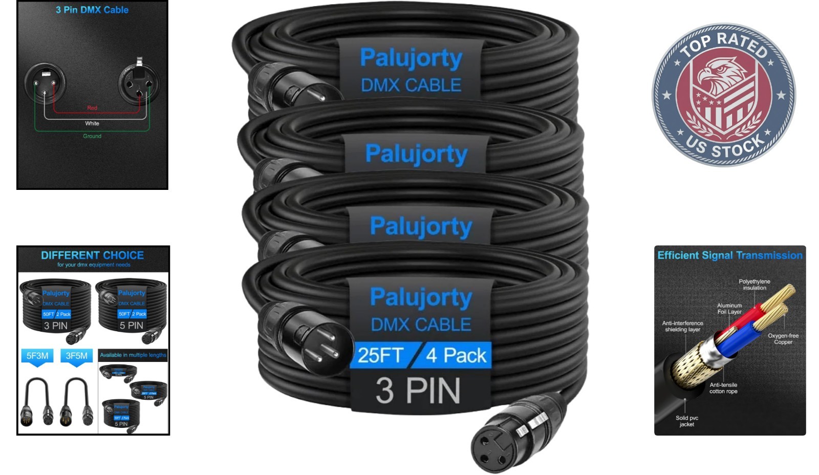 Coiled 25 FT 4 Pack DMX Cables - Superior Shielding for Pristine Signals