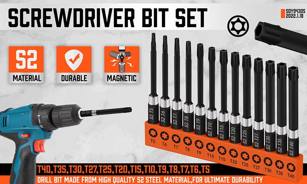 13Pc Magnetic Torx Screwdriver Bit Set Temper Proof Long Torque Sleeve T5-T40