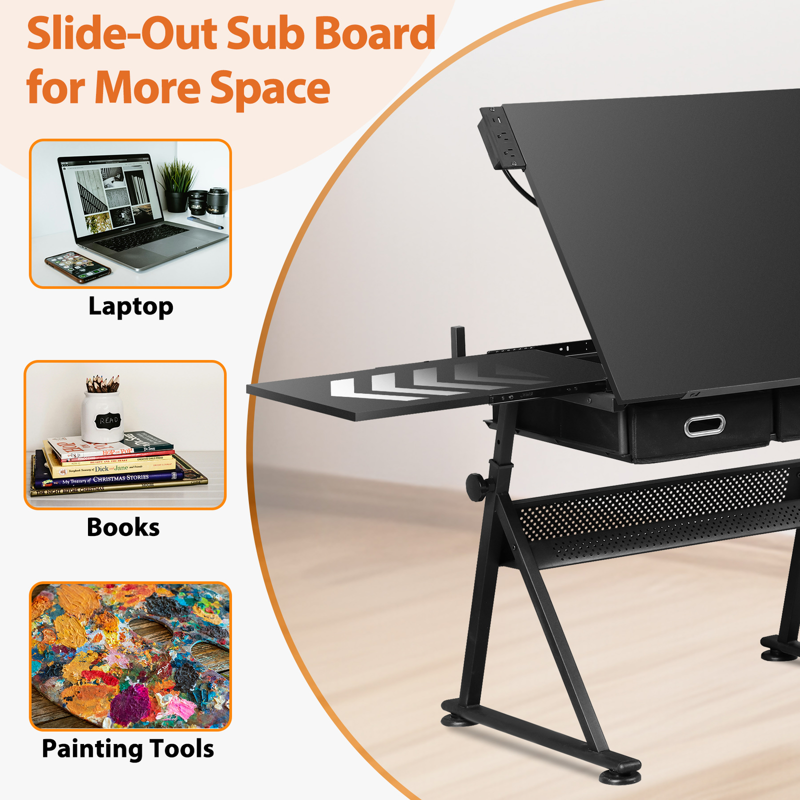 Adjustable Drafting Drawing Table Tabletop Tiltable w/ Stool & Outlet Black