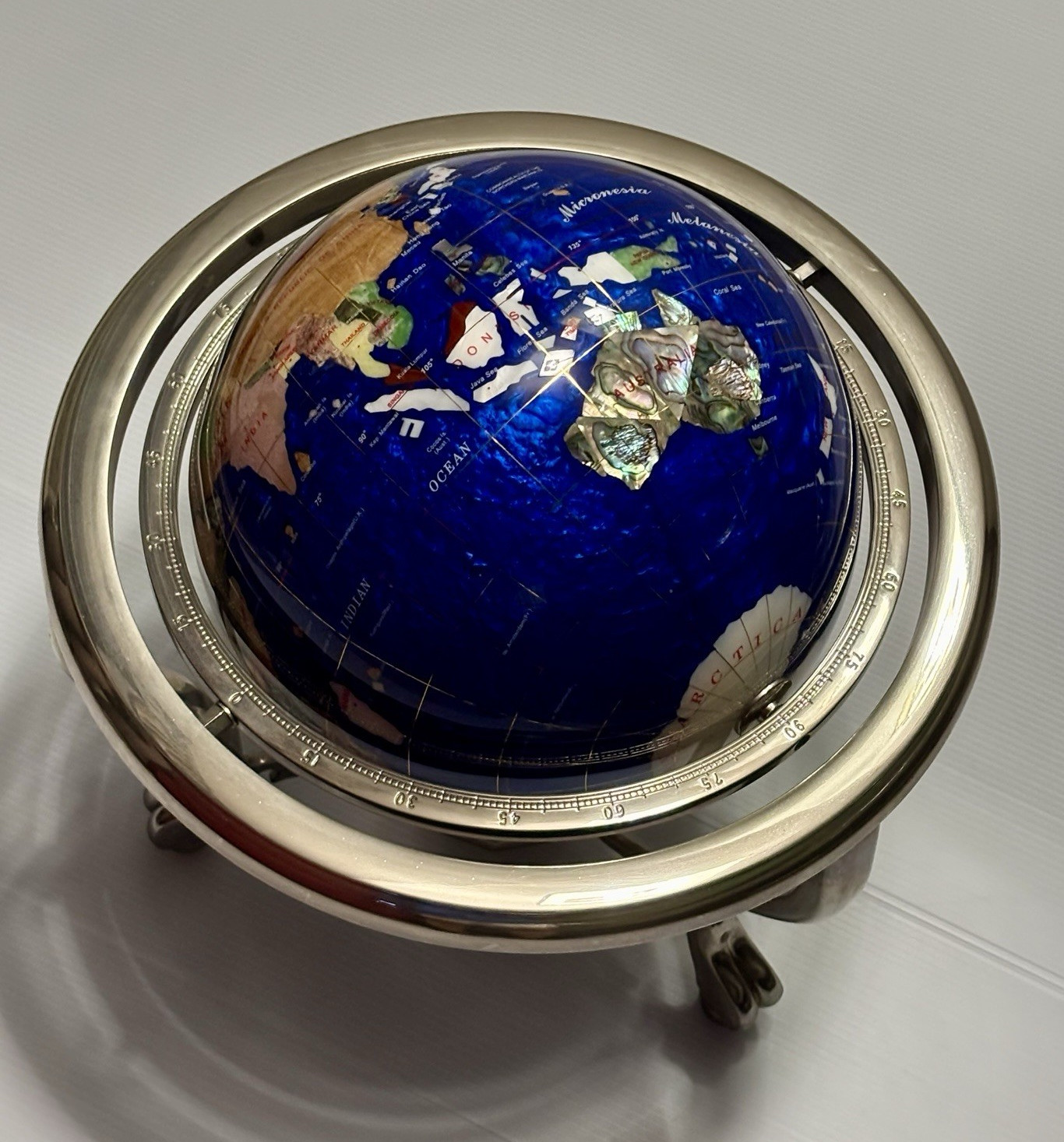 Rotating Tabletop Gemstone Globe Blue Ocean w/ Metal Meridian Ring & Base