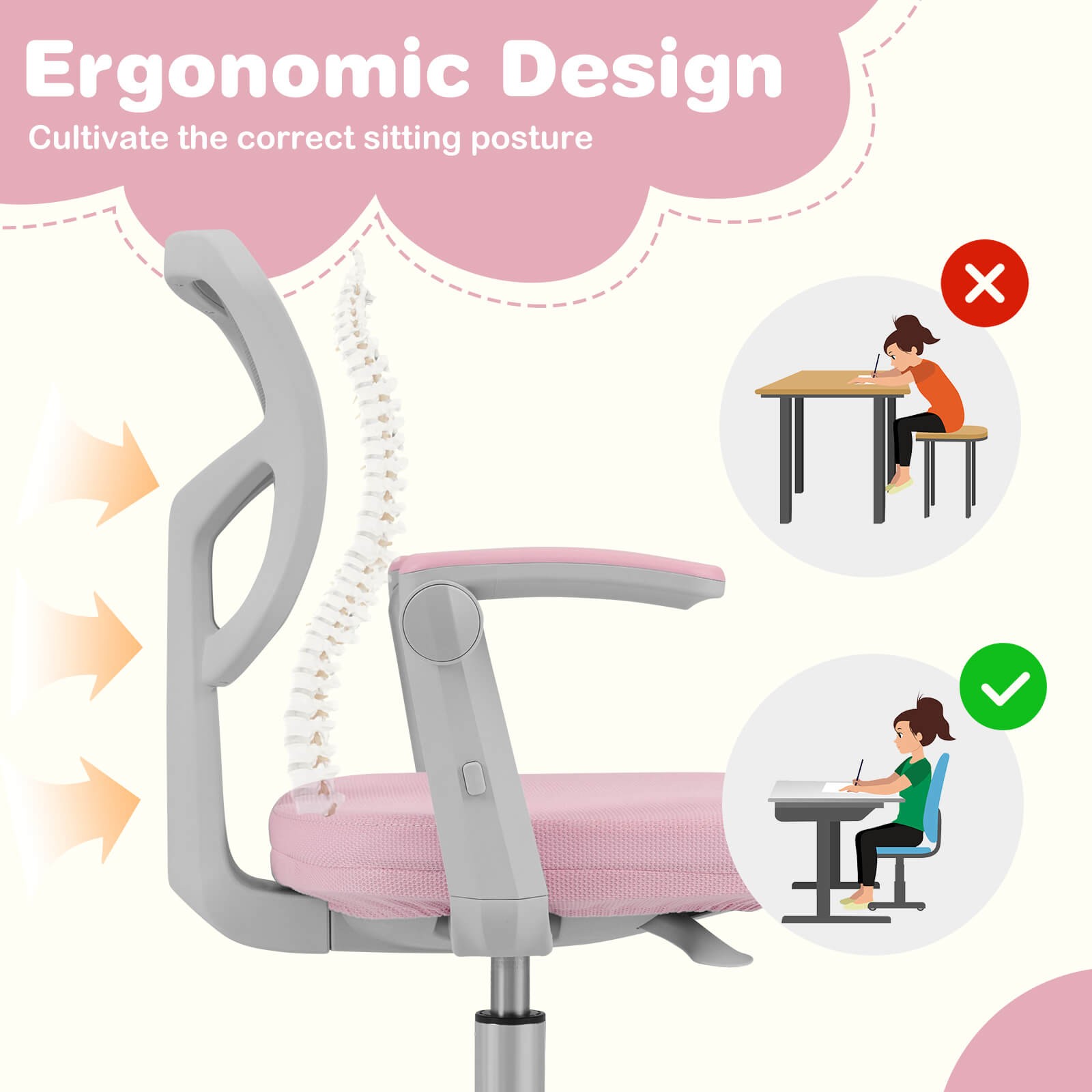 Kids Desk Chair Children Study Chair w/Adjustable Height, Armrest & Footrest
