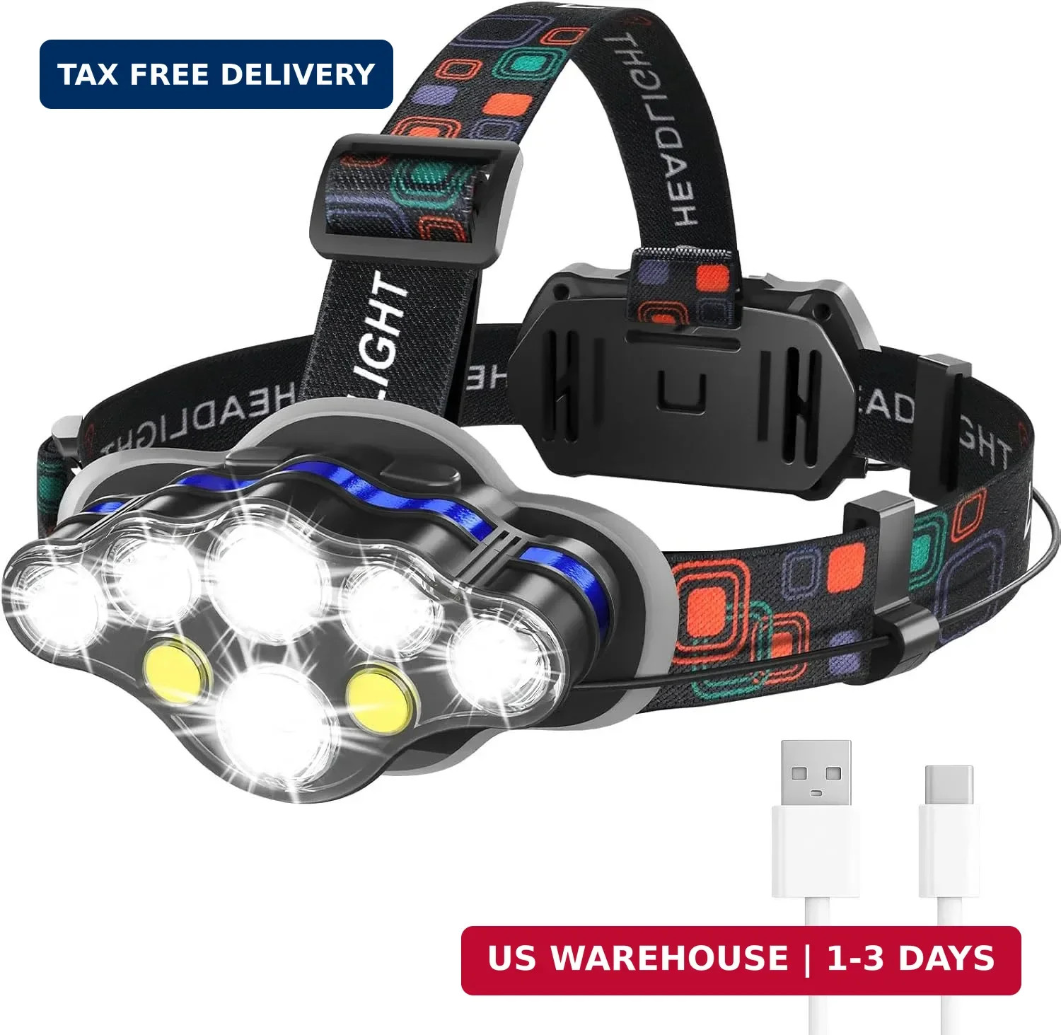 MIOISY Headlamp Rechargeable, 8 LED Super Bright Head Lamp with White Red Light,