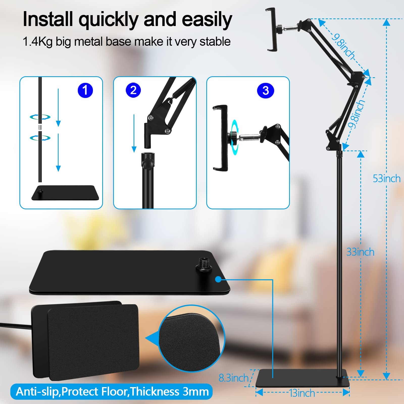 Tablet Floor Stand, Adjustable Universal 360-degree Rotatable Metal Tablet Ho...