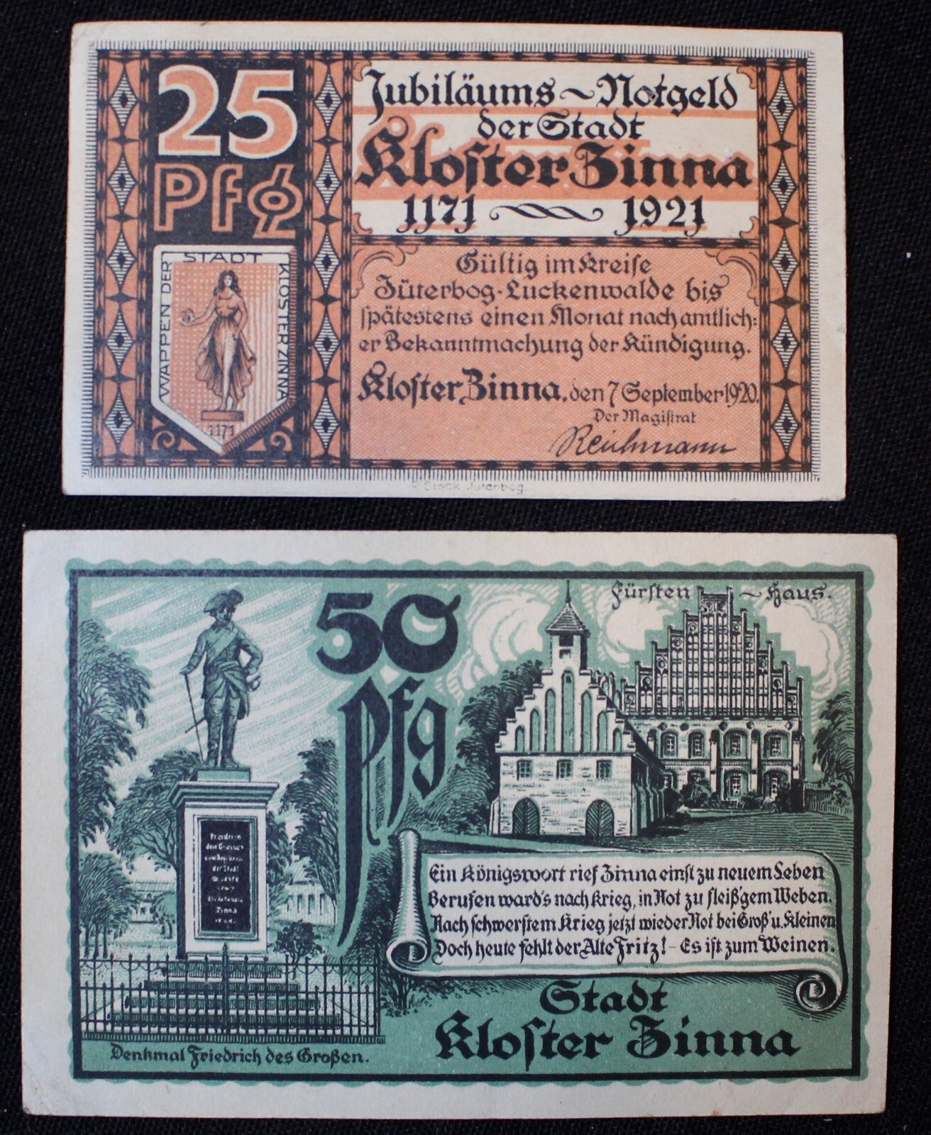 1921 KLOSTER ZINNA 2 NOTES 25 & 50 PFG - JUBILAUMS NOTGELD NOTES