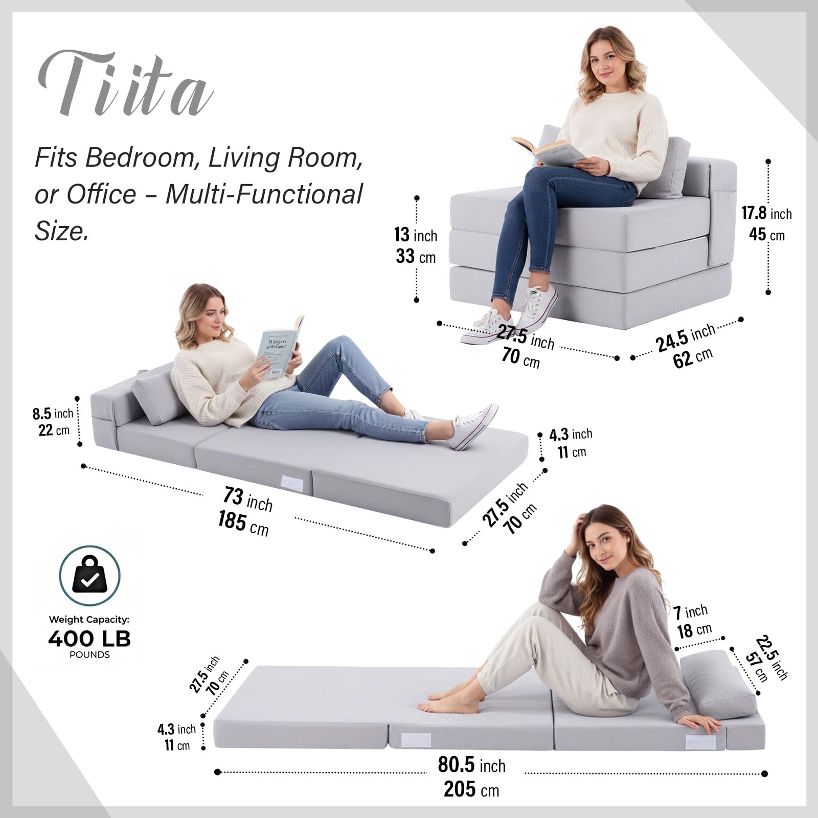Folding Sofa Bed-Convertible Sleeper Chair with Storage Bag, Tri Foldable Mat...