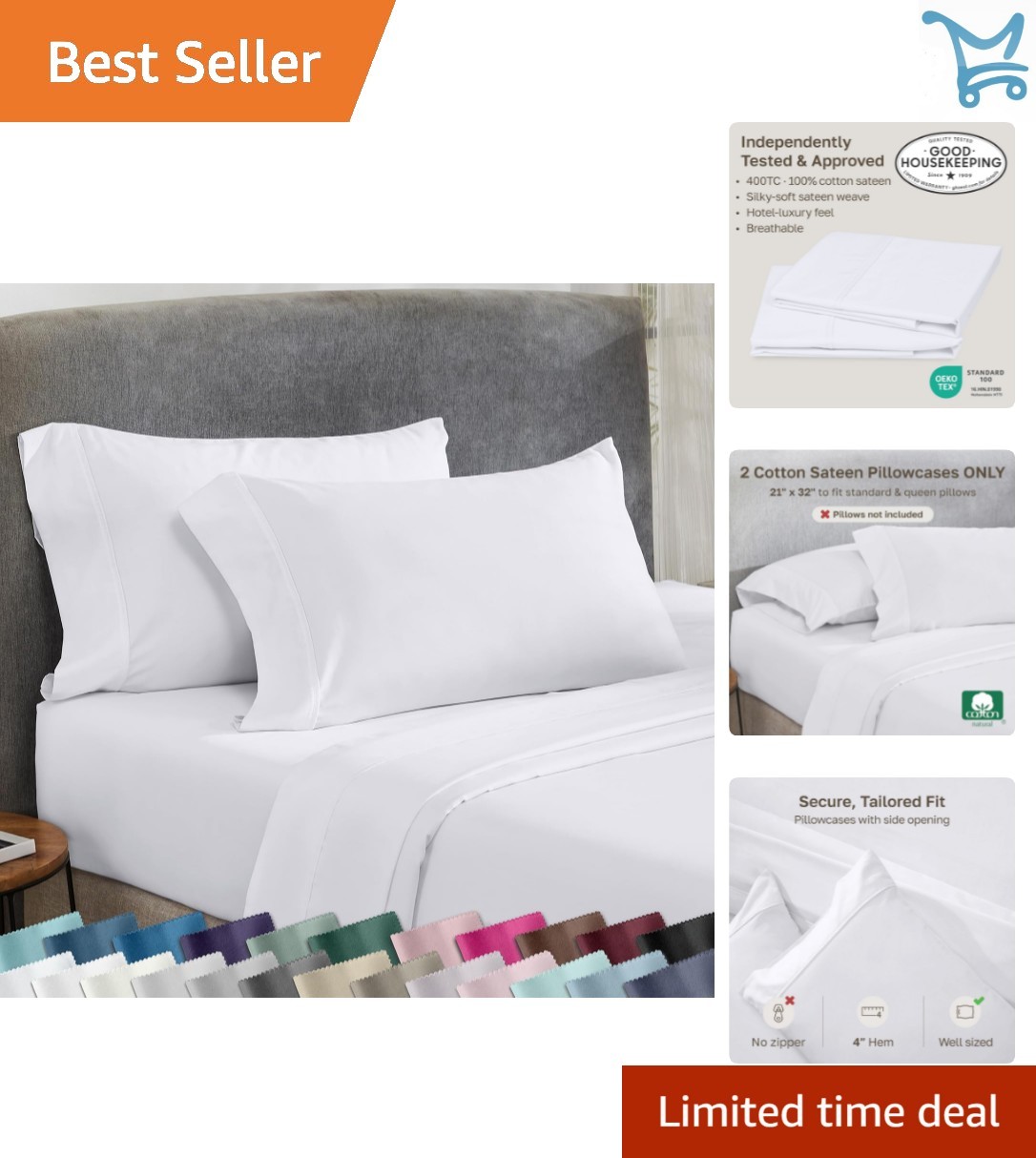 Queen Pillowcase Set 400TC Cotton Sateen Soft Breathable Bright White