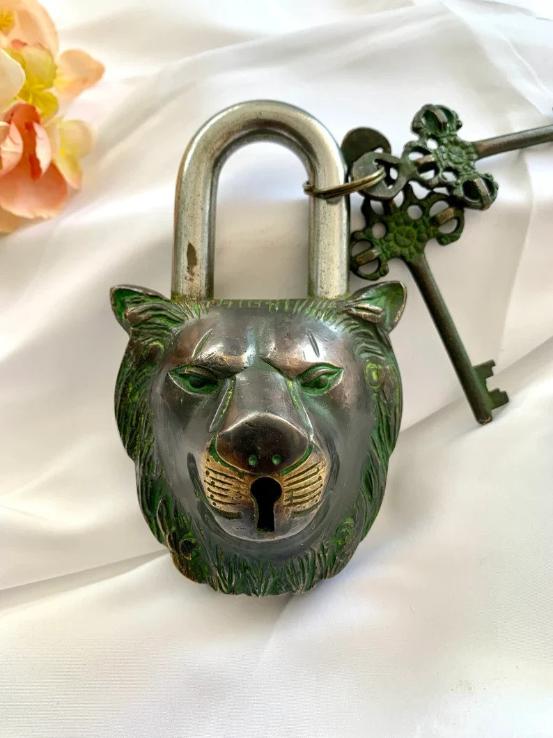 Brass Made Vintage Padlock Lion Face Lock with Working Key Rare Old Style