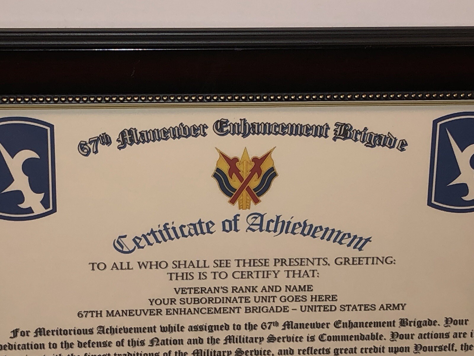 67TH MANEUVER ENHANCHMENT BRIGADE - COA / (COMMEMORATIVE CERTIFICATE)