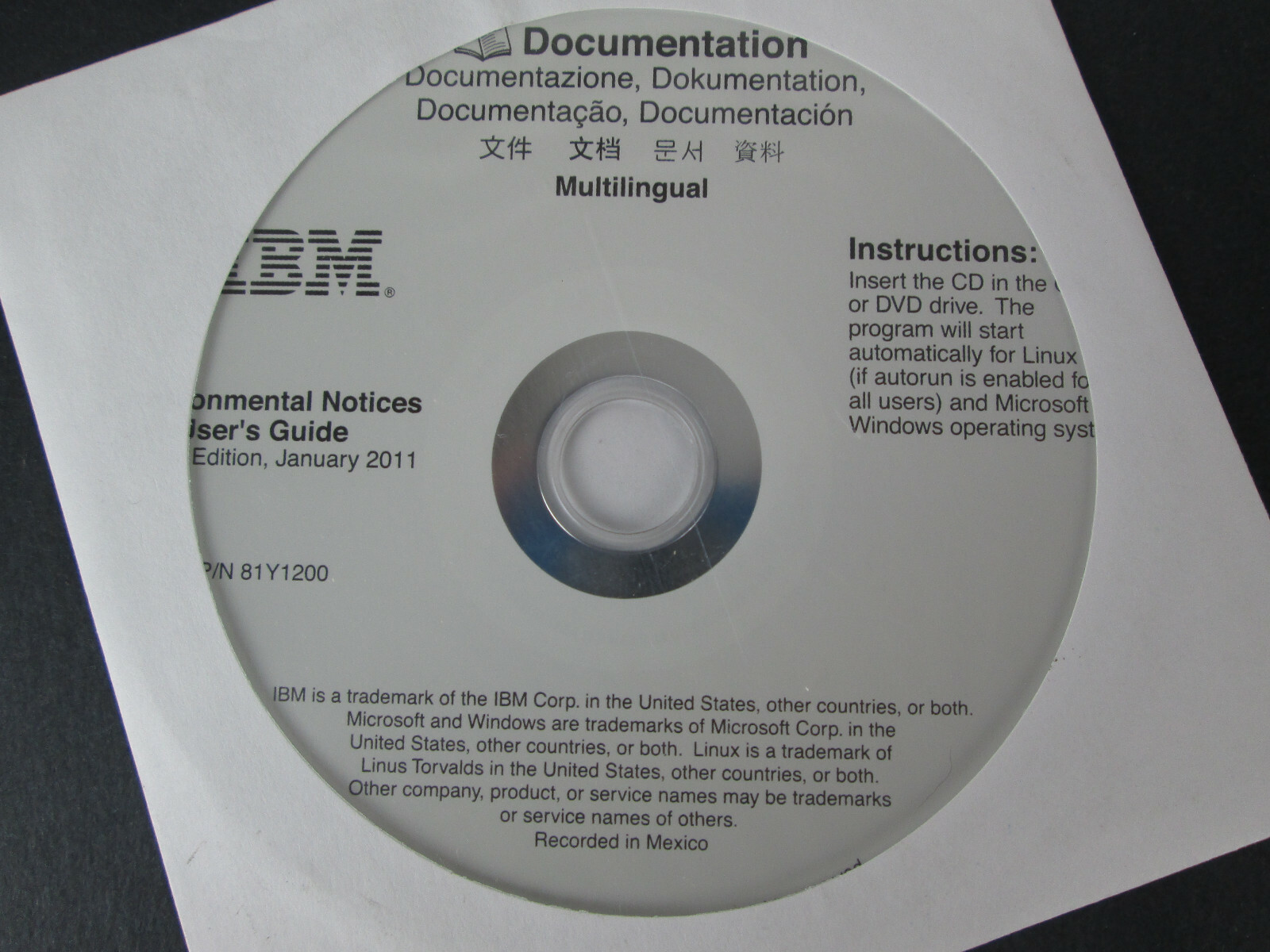 Genuine New IBM Environmental Notices Users Guide Documentation CD Disk 81Y1200