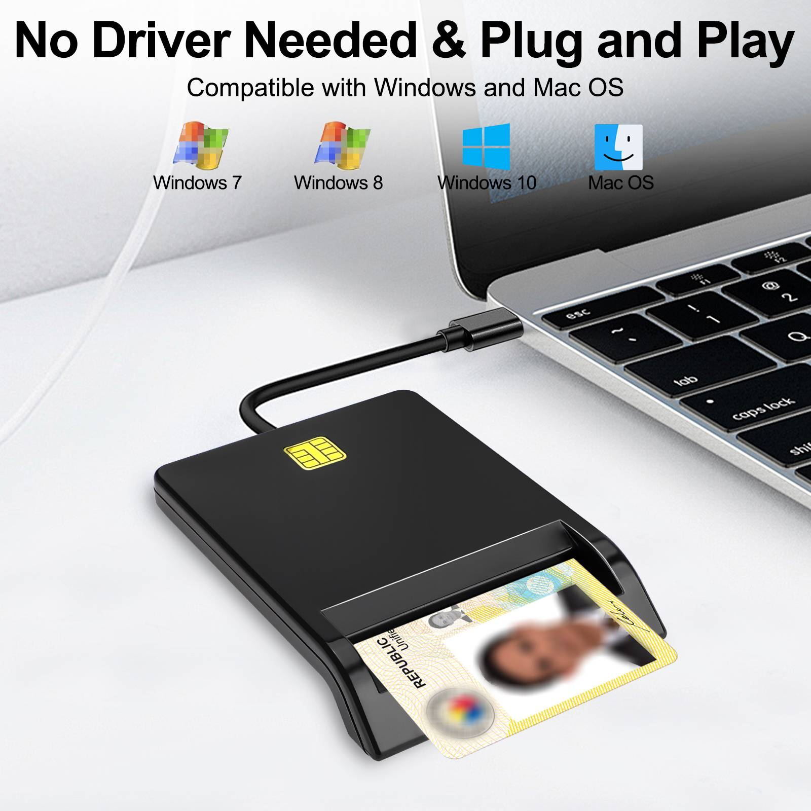 Type C Smart CAC Card Reader, DOD Military USB Common Access, for Windows Mac OS