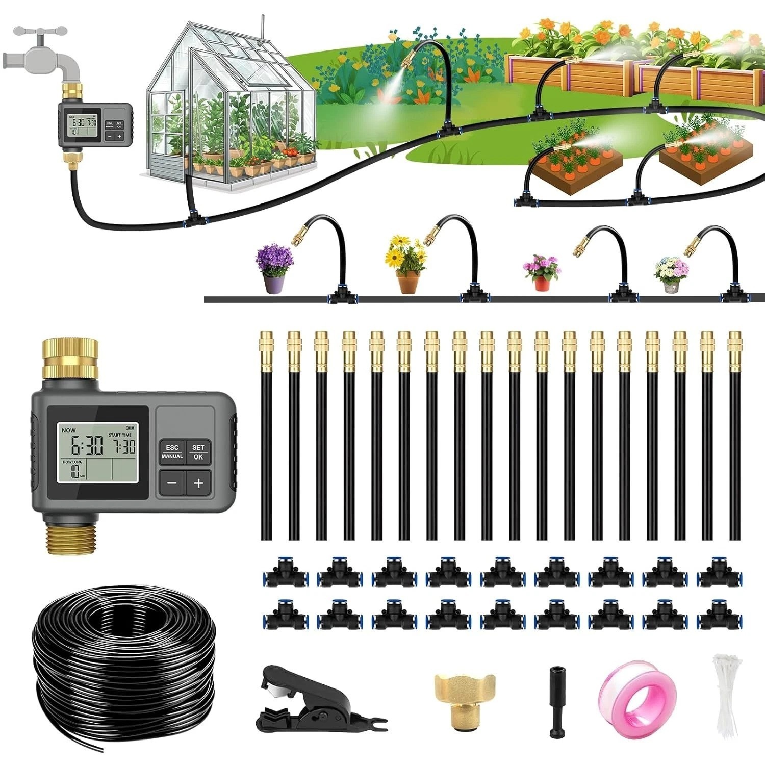 60Ft Drip Irrigation System with Smart Water Timer – Automatic Garden Waterin...