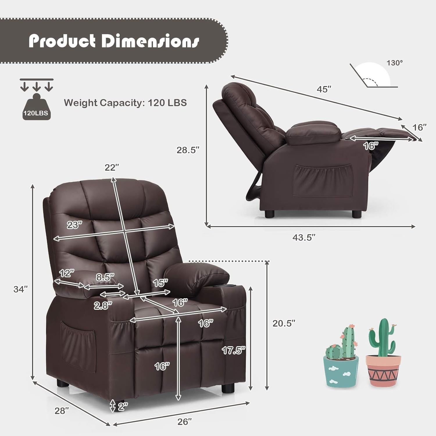 Kids Recliner Chair with Cup Holder, Adjustable Leather Lounge Chair w/Footre...