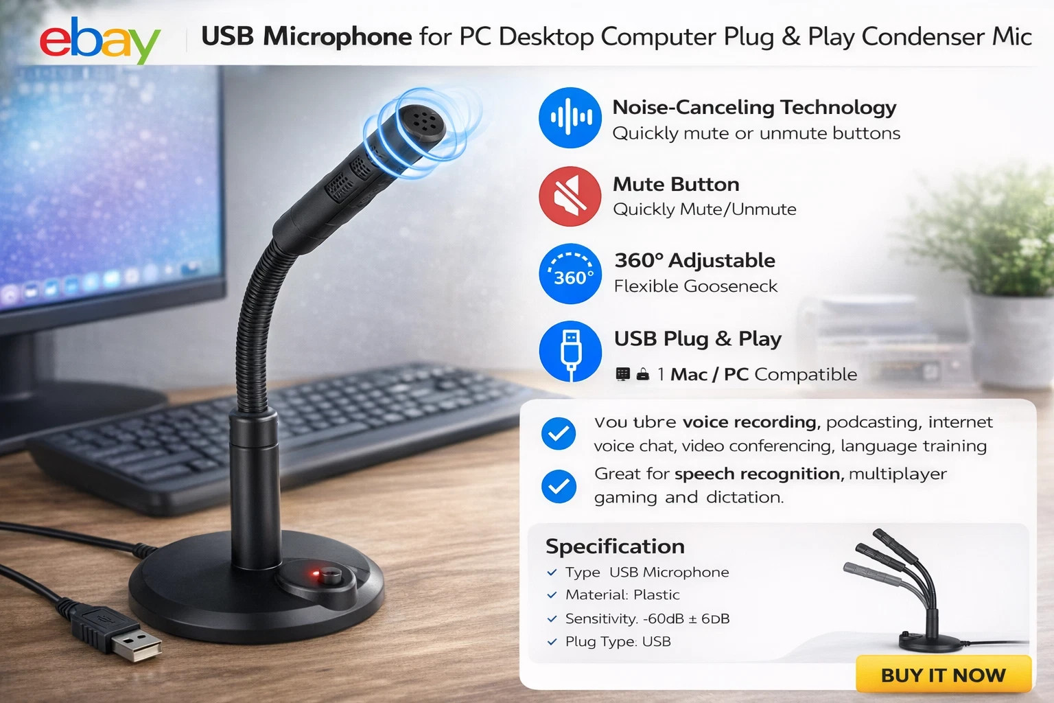 Computer Mini Condenser Microphone USB Stand Recording Mic For PC Desktop Laptop