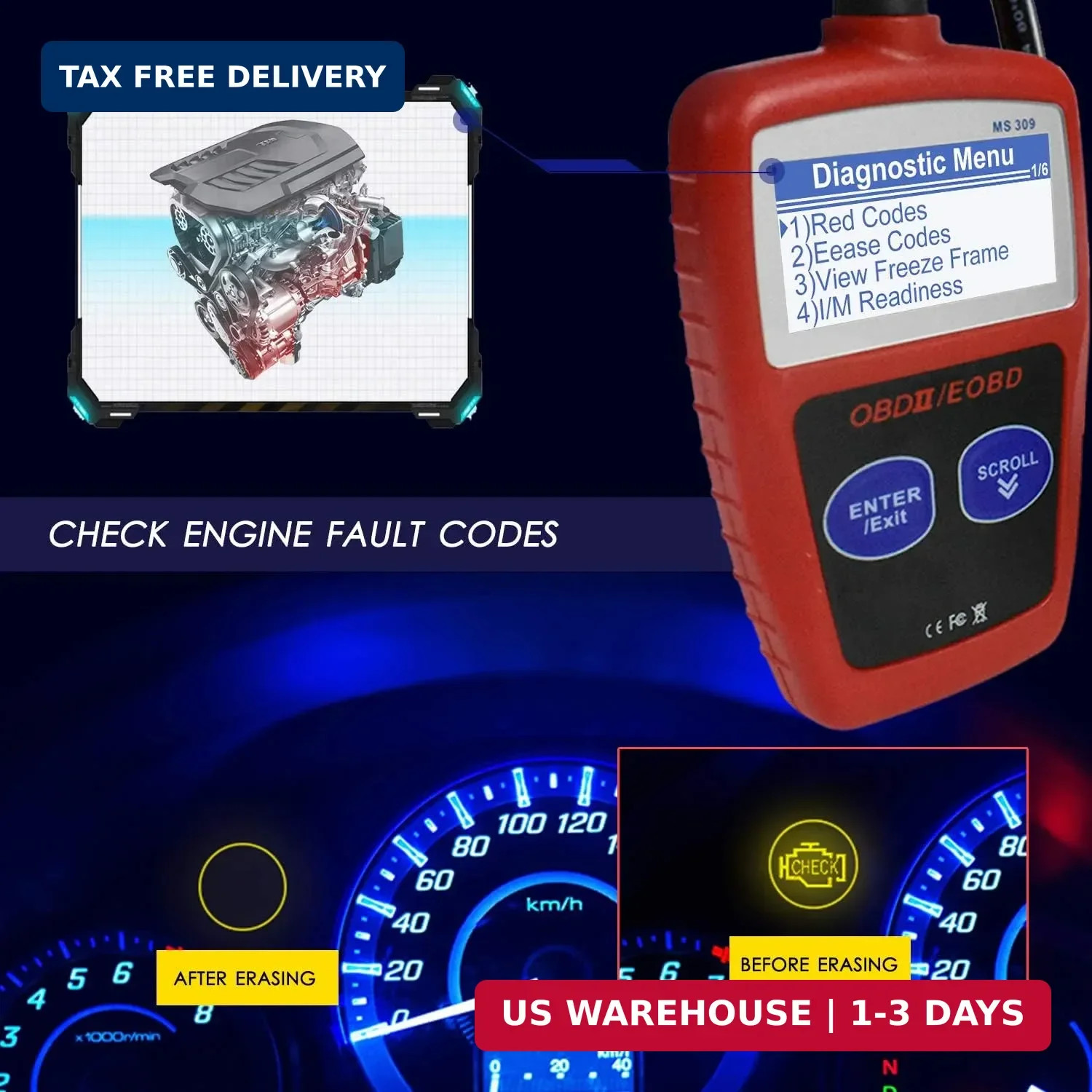 MS309 OBD2 Scanner Check Car Engine Light Fault Code Reader, Universal OBDII Dia