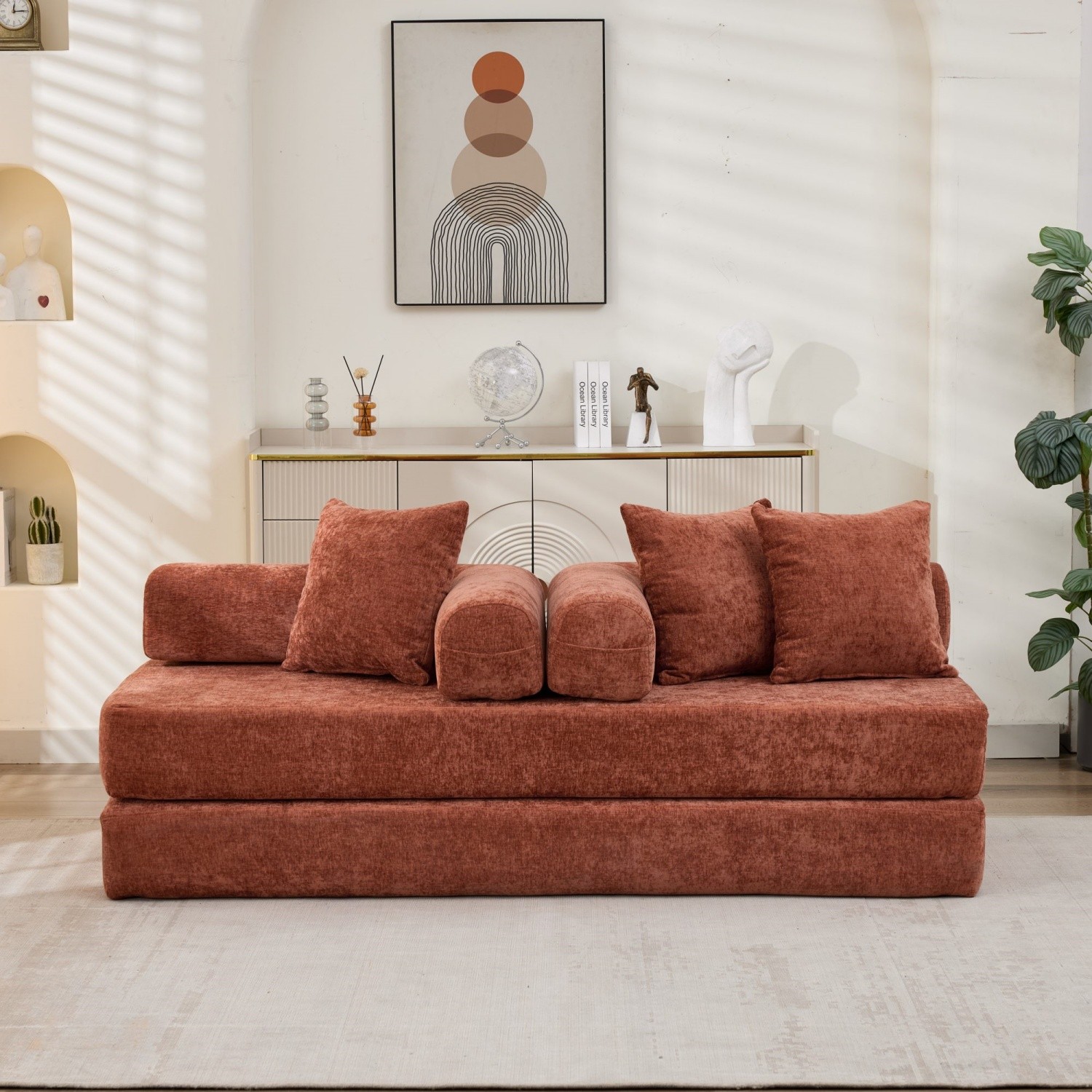 Modern Convertible Floor Sofa Bed Folding Mattress Couch with Armrests & Pillows