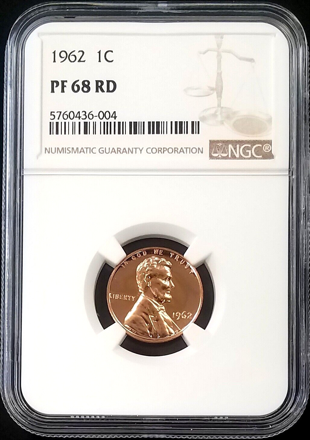 1962 Proof Lincoln Cent certified PF 68 RD by NGC!