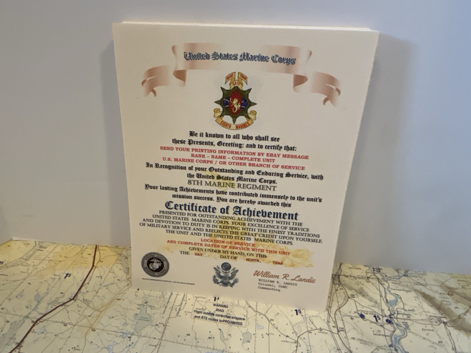 U.S.M.C. / 8TH MARINE REGIMENT - CERTIFICATE OF ACHIEVEMENT