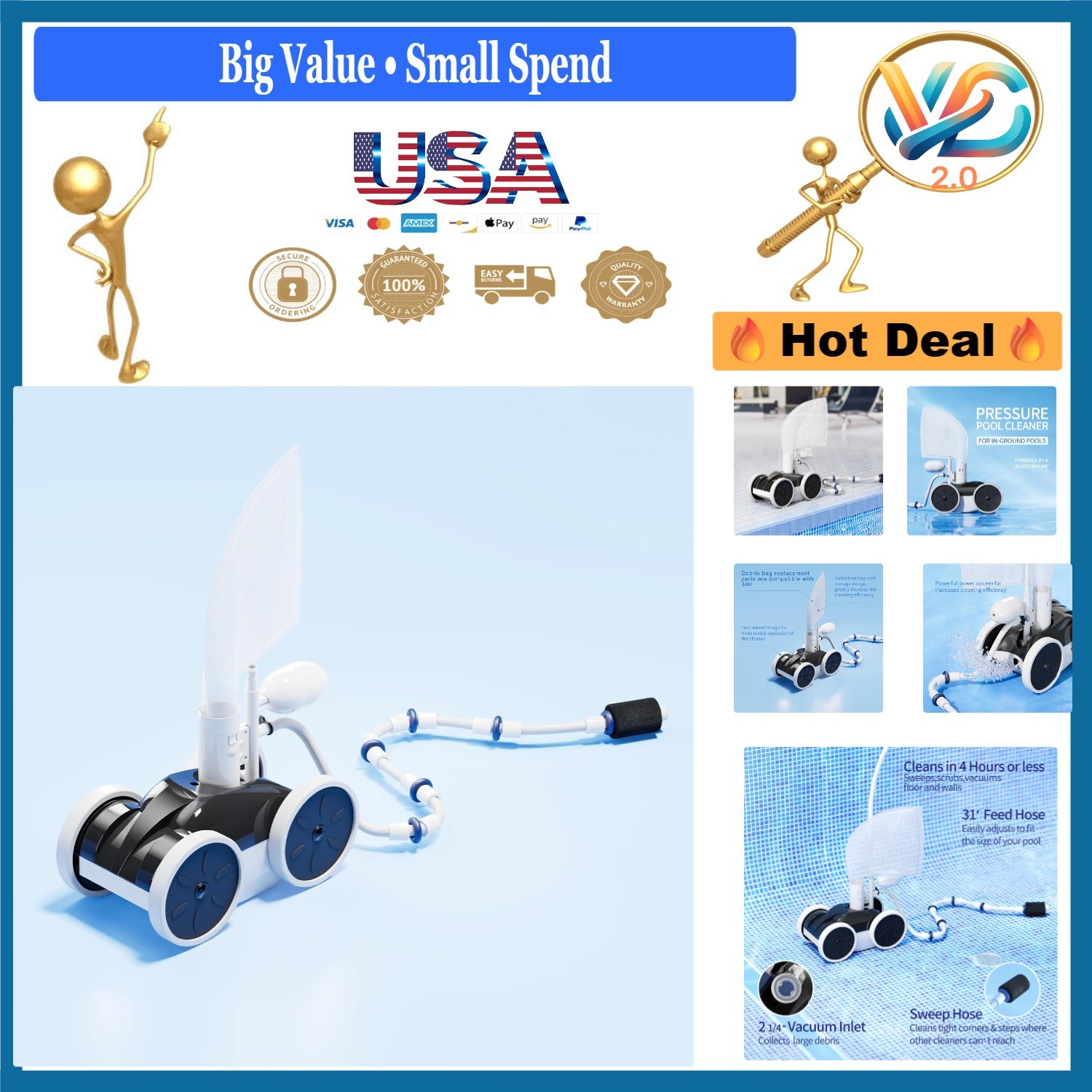 Upgrade Pool Pressure Side Sweeper Four Wheels Hydraulic Pool Cleaner Black &...