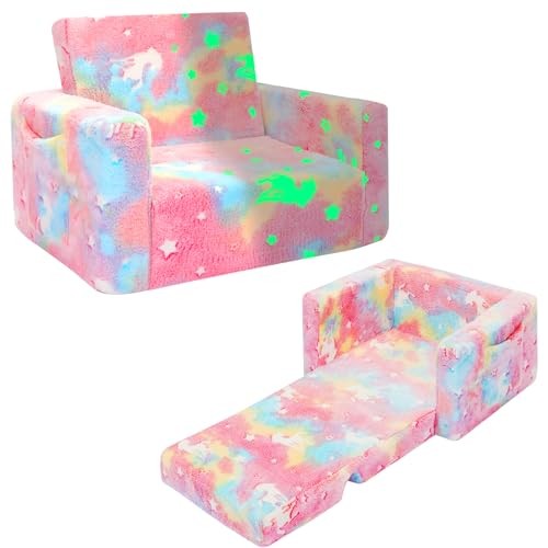 Kids Couch, Toddler Chair, Fold Out Kids Sofa Chair, Medium Unicorn Pink