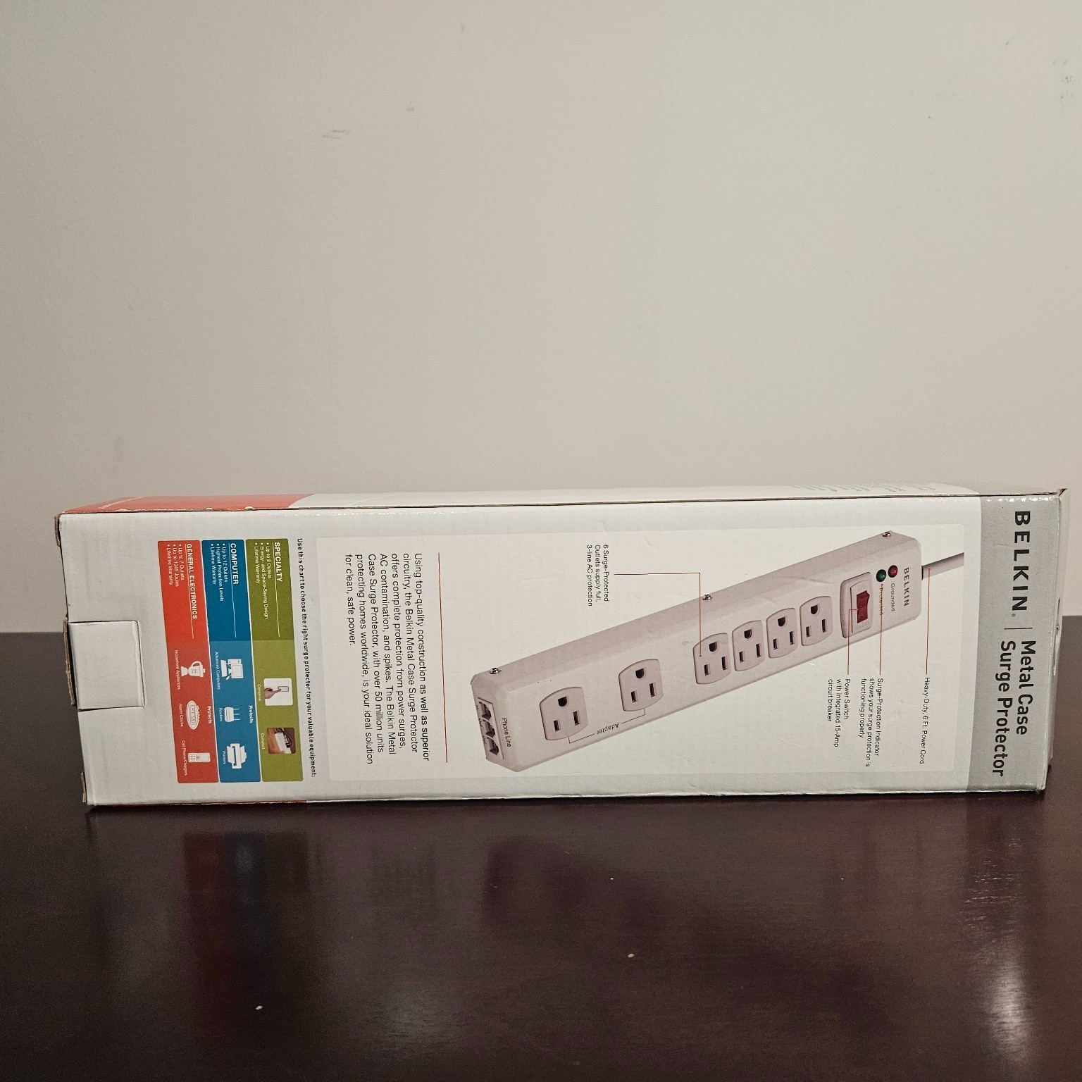 BELKIN F9H620-06-MTL 6' 6 Outlets 1240 joule Metal Surge Suppressor