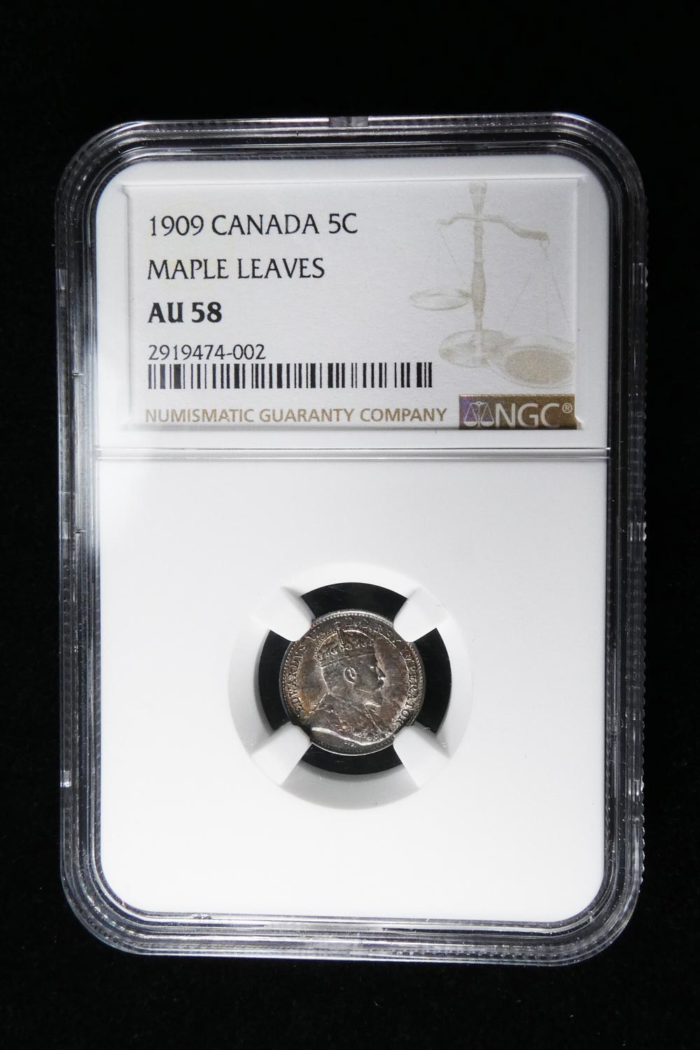 1909 Canada Silver 5 Cents. Maple Leaves. NGC Certified AU 58. #5831