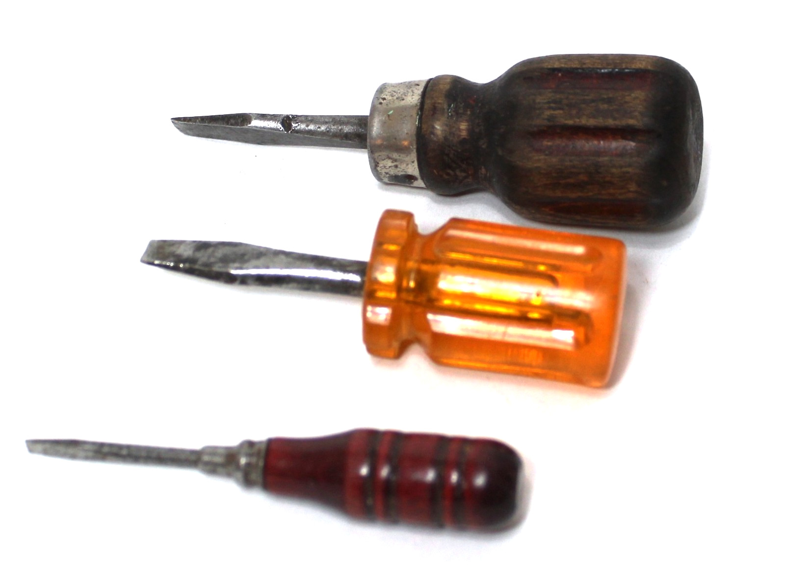 Vintage Screwdrivers Small Flat Blade Wood & Acrylic Handles Set 3