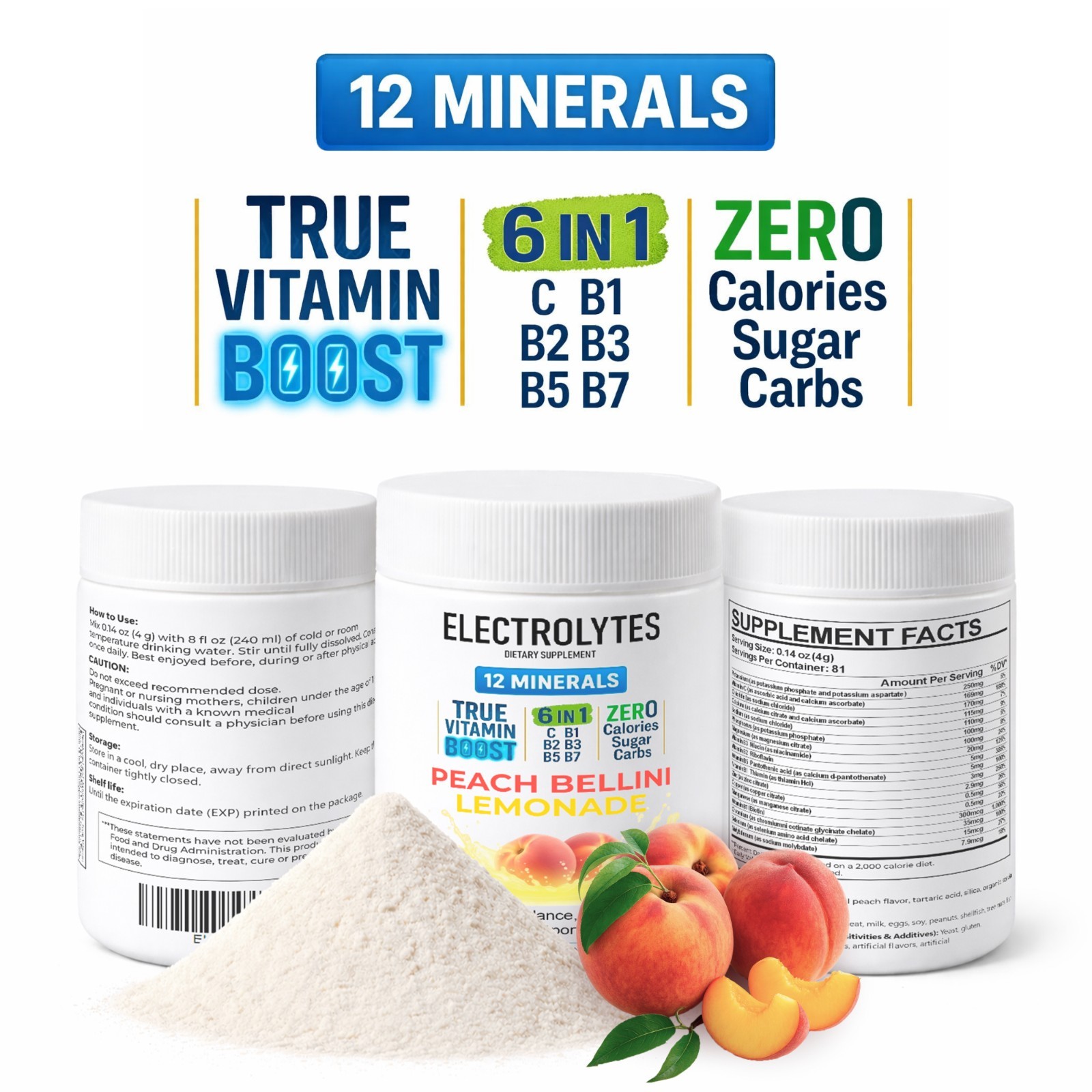 Electrolyte Complex Hydration Powder | 12 Minerals + 6 Vitamins | Peach Bellini