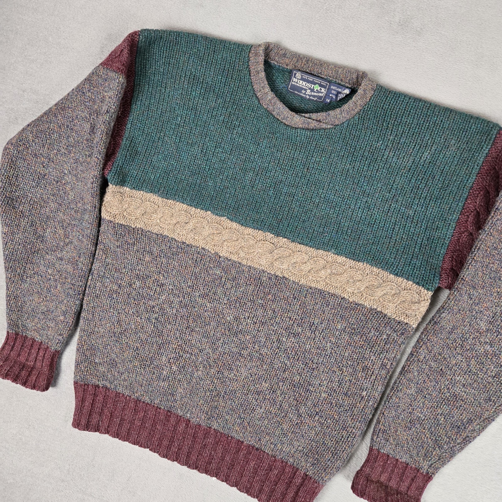 VTG Woodstock Bernard Sweater Mens Medium 100% Shetland Wool Crewneck Colorblock