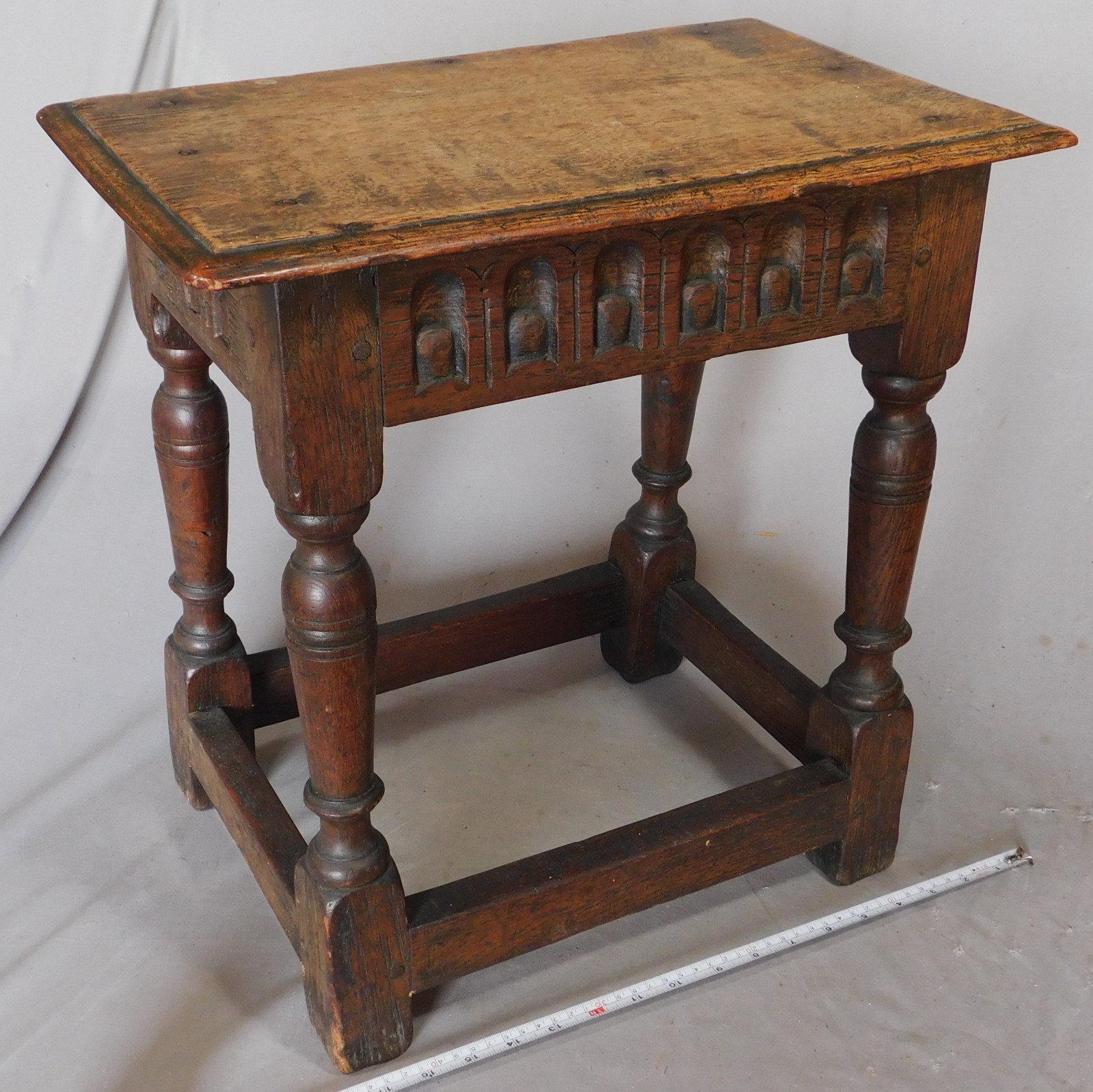 Antique 17thC Oak Joint Stool Carved Pilgrim Pegged Mortise Tenon American