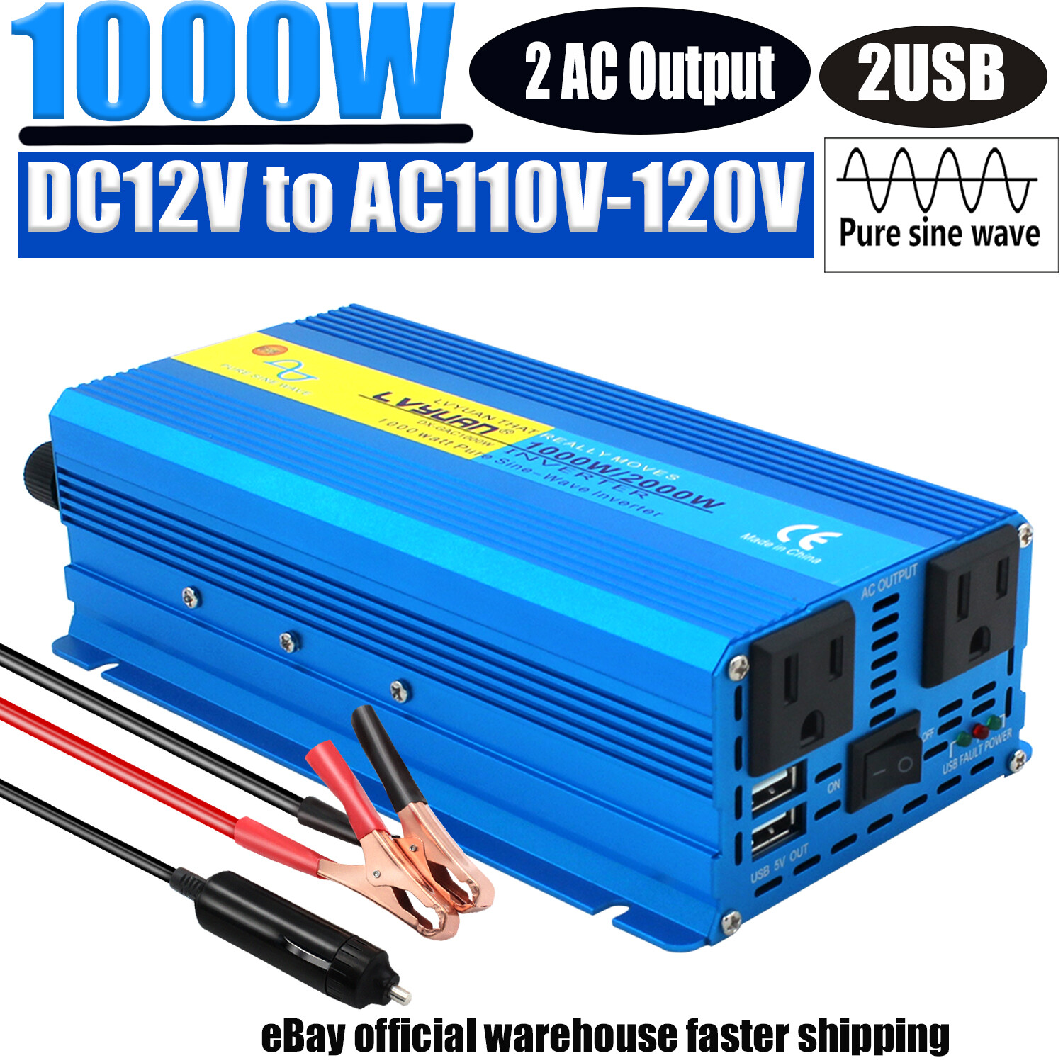 1000W 2000W Pure Sine Wave Power Inverter 12V to 110V Car Converter 2USB 2AC